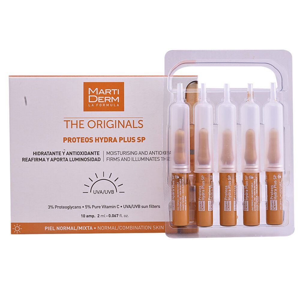 Confezione da 5 fiale Martiderm The Originals Proteos Hydra Plus SP. Testo: Hydratante y antioxidante, UVA/UVB. Su sfondo bianco.