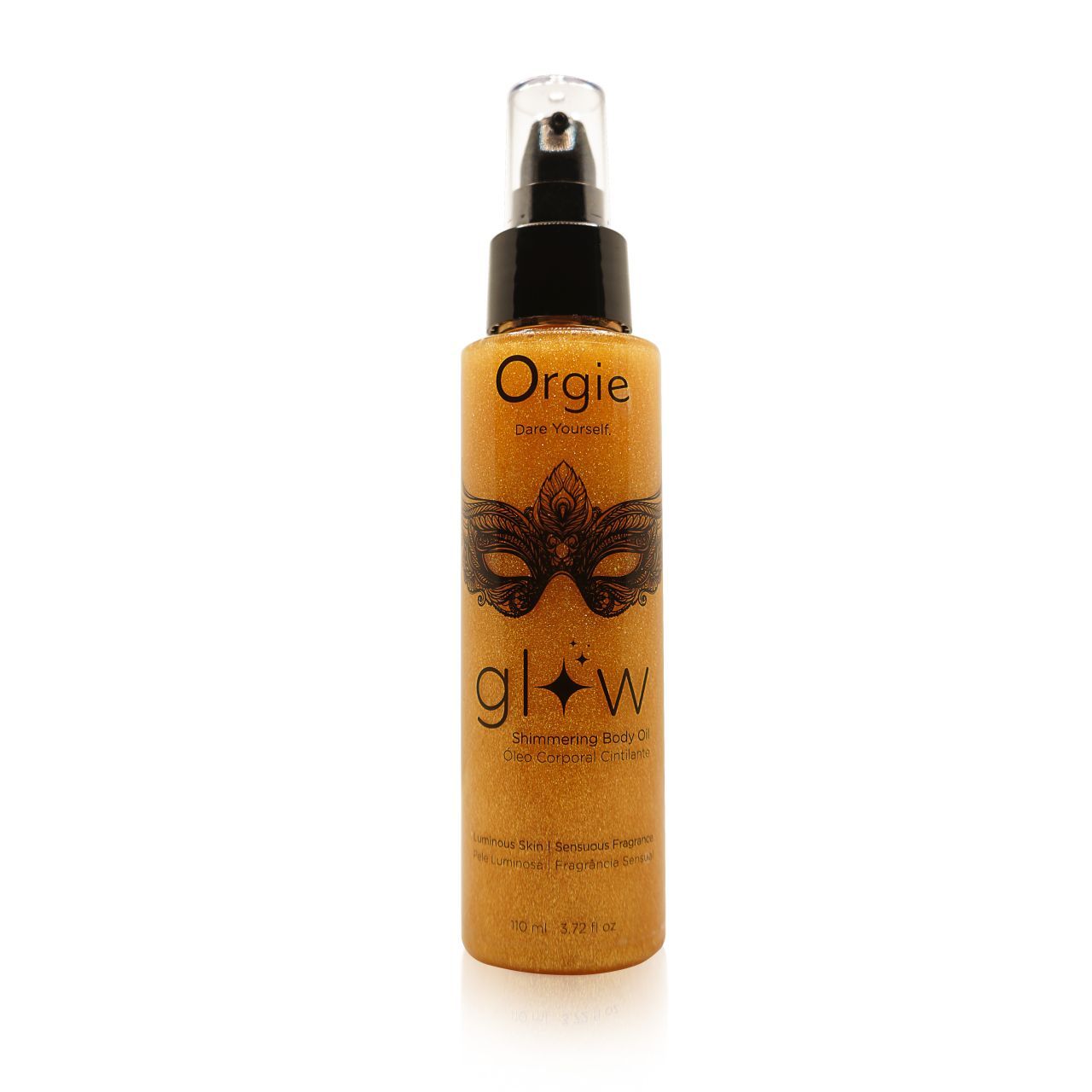 Flacone di olio corpo Orgie Glow con erogatore, design a maschera e contenuto scintillante.