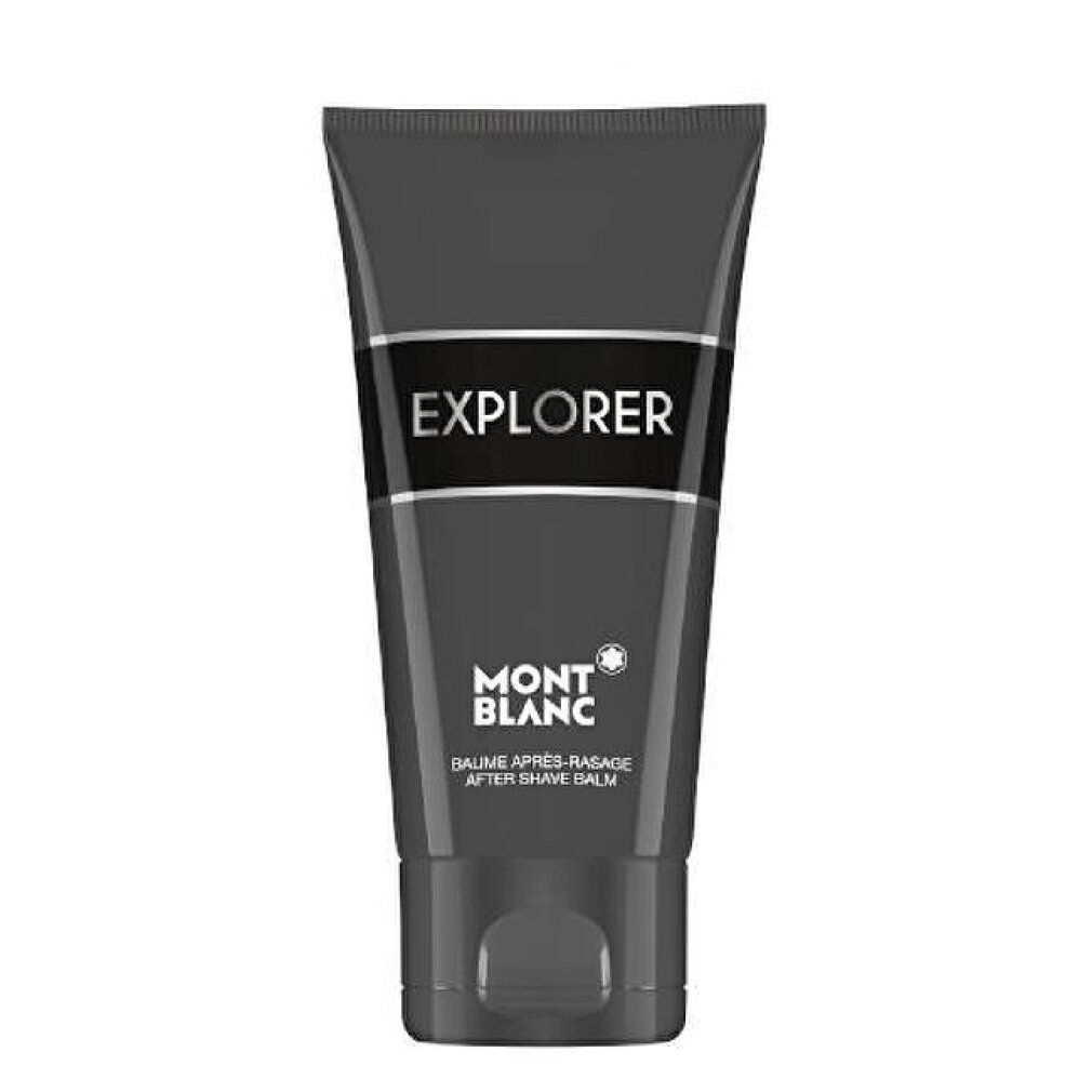 Tubo grigio con scritta bianca: EXPLORER, MONTBLANC, BAUME APRÈS-RASAGE, AFTER SHAVE BALM. Tappo grigio.