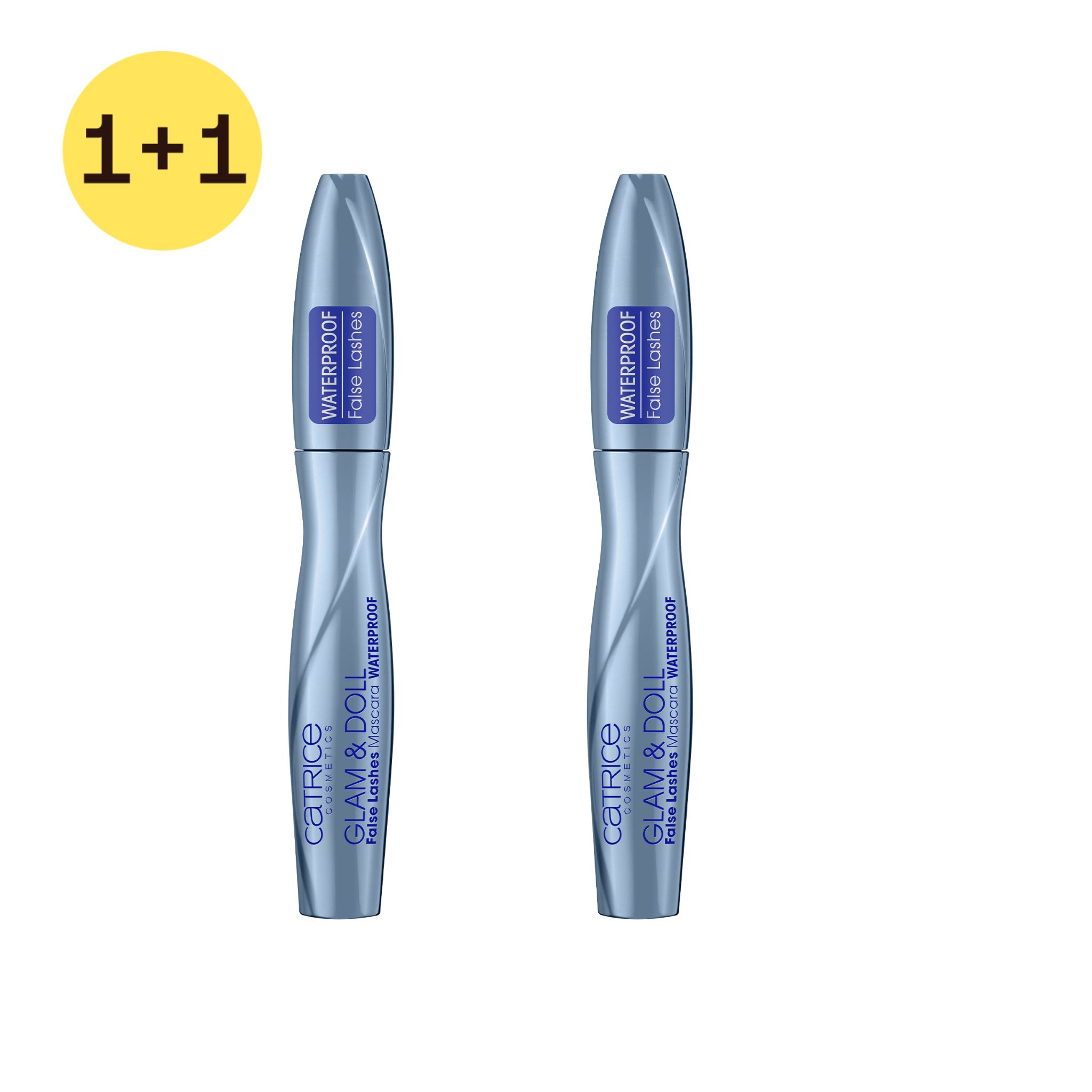Due tubi di mascara blu-argento. Scritta: CATRICE GLAM & DOLL, Waterproof False Lashes Mascara. Adesivo viola: WATERPROOF False Lashes. Adesivo giallo: 1+1.