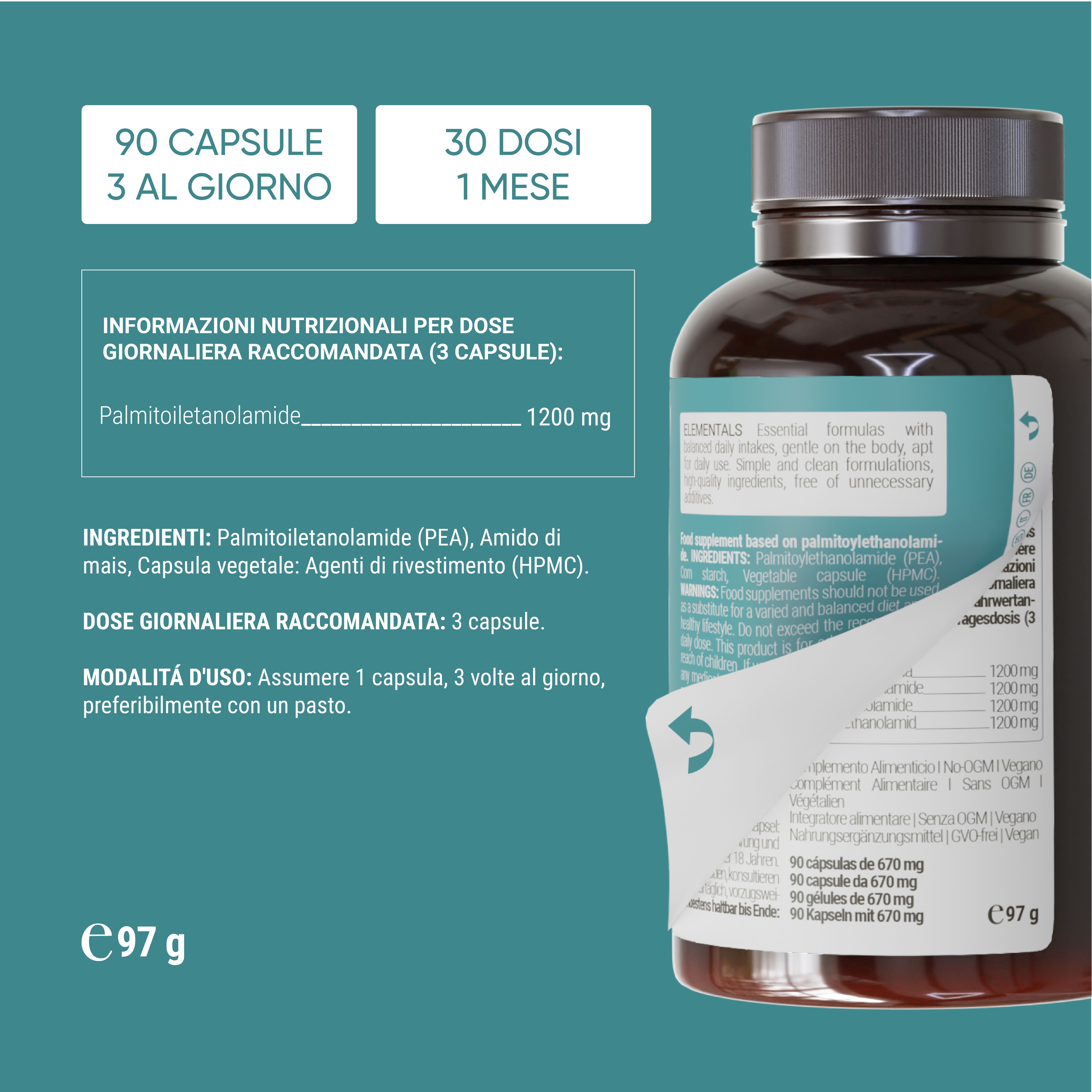 Flacone con etichetta. Testo: 90 capsule, 3 al giorno, 30 porzioni, 1 mese. Informazioni nutrizionali. Ingredienti. Dose giornaliera.