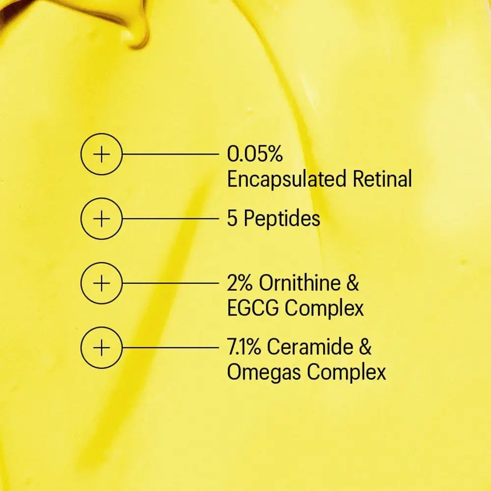 Primo piano di crema gialla con descrizioni testuali bianche. Contiene 0,05% di retinolo incapsulato, peptidi, ecc.