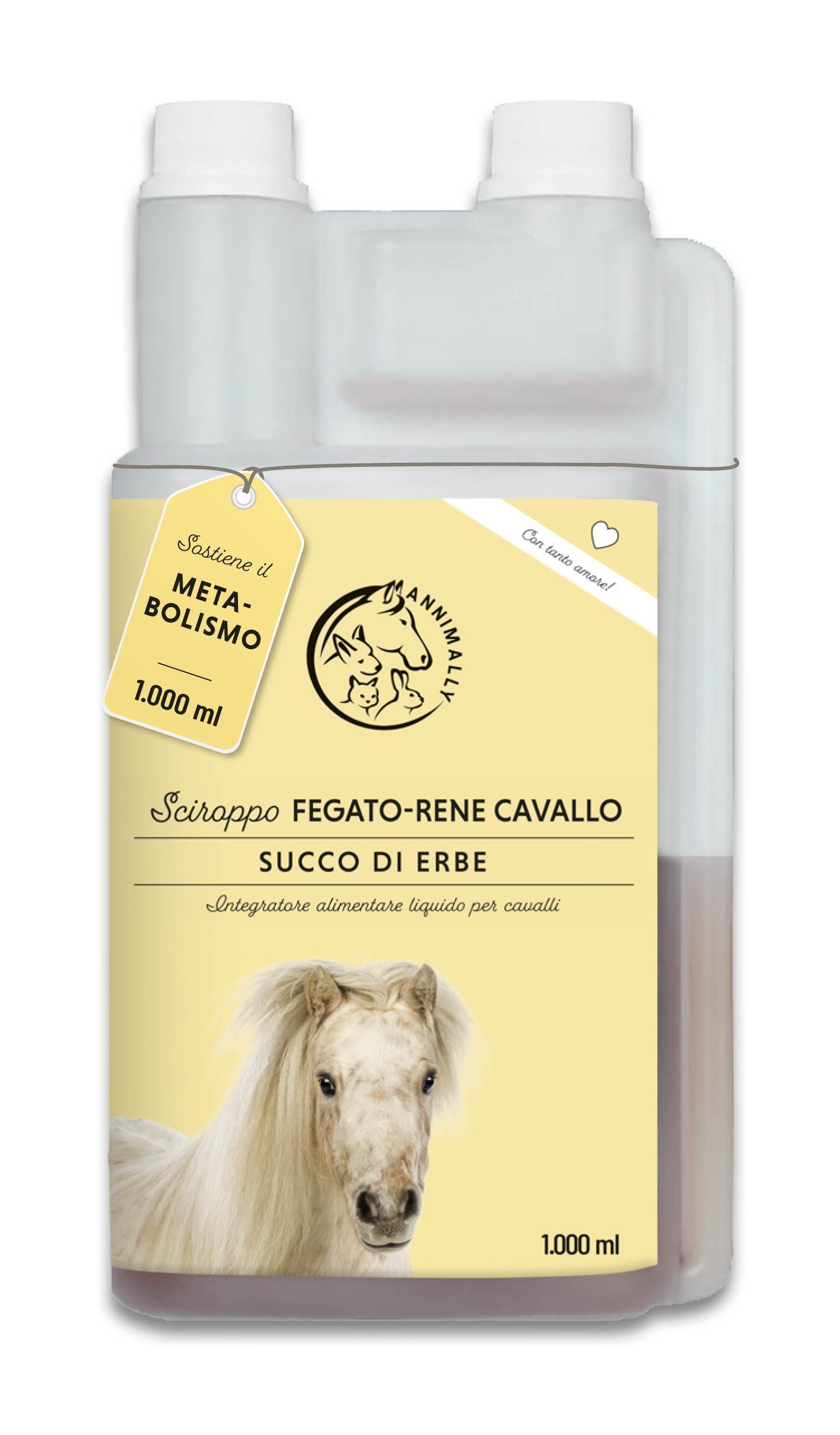 Bottiglia di Annimally Sciroppo Fegato-Rene Cavallo. Succo di erbe per cavalli. Con cavallo. 1.000 ml.