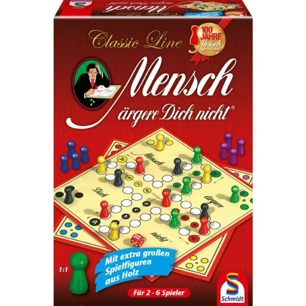Gioco da tavolo "Mensch ärgere Dich nicht" in confezione rossa. Tabellone con pedine colorate. Dadi e istruzioni.