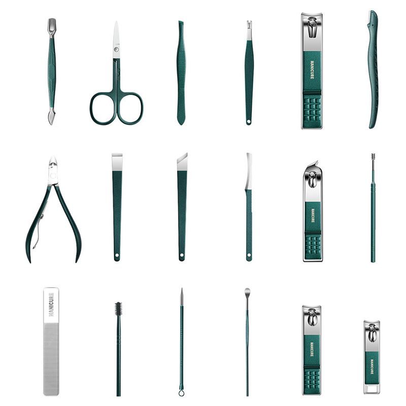 Strumenti singoli di un set manicure verde scuro.