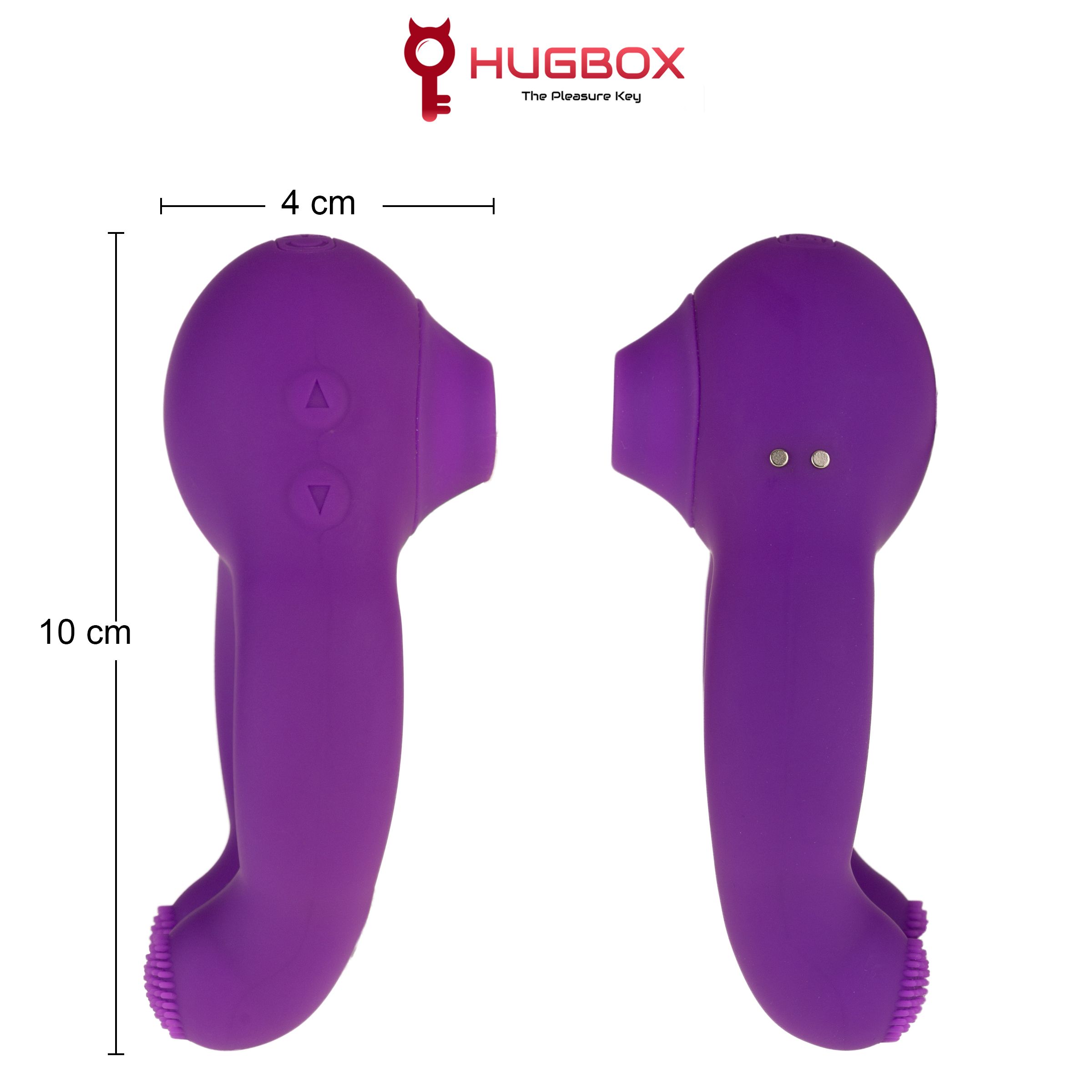 Due prodotti viola. A forma di anello con apertura e rigonfiamenti. Sopra con apertura. Dimensioni: 10 cm di altezza, 4 cm di larghezza. Logo HUGBOX.