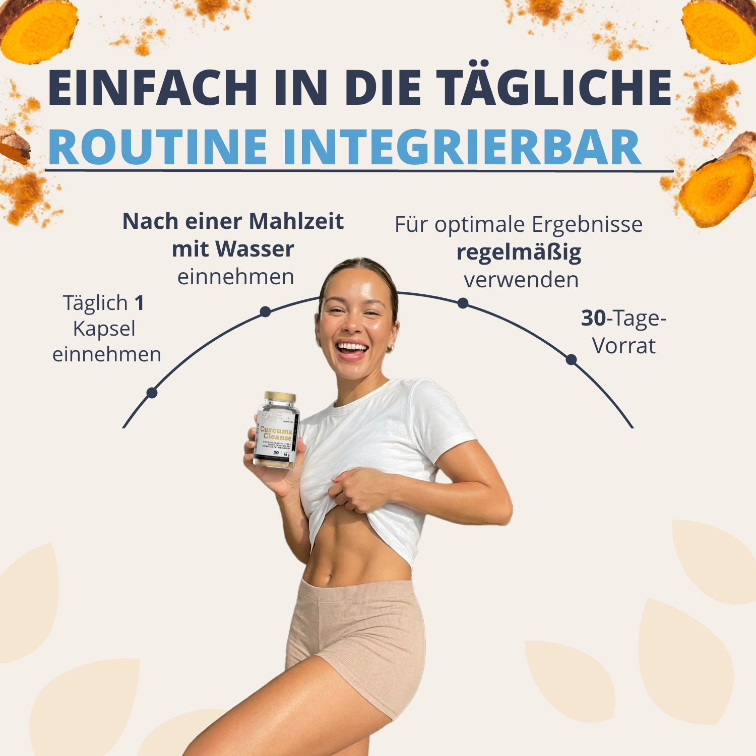 Una donna integra Curcuma Cleanse nella sua routine quotidiana: assunzione, uso e scorta di 30 giorni.