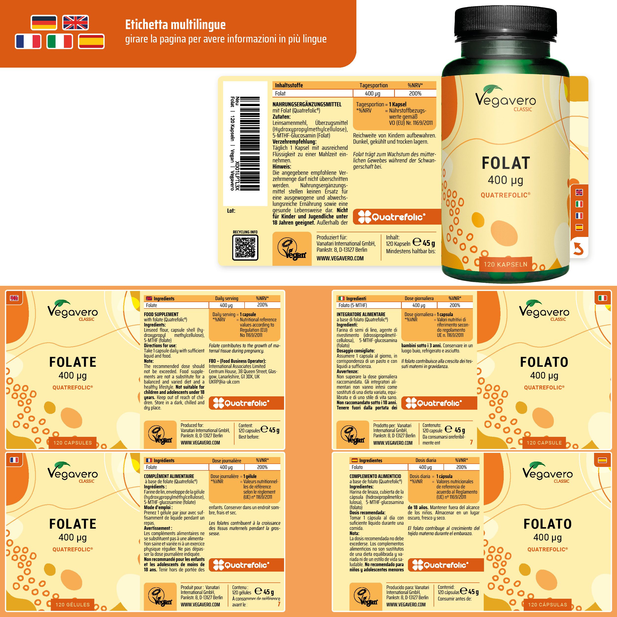 Etichetta multilingue con informazioni su Folato. Flacone "Folat 400 µg Quatrefolic" e "120 Kapseln".