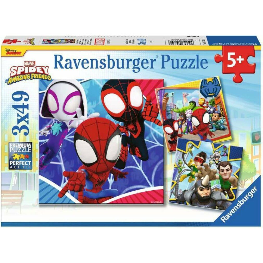 Puzzle Ravensburger con Spidey e amici. 3x49 pezzi. Confezione con Spidey, Miles Morales e Spider-Gwen. Età: 5+
