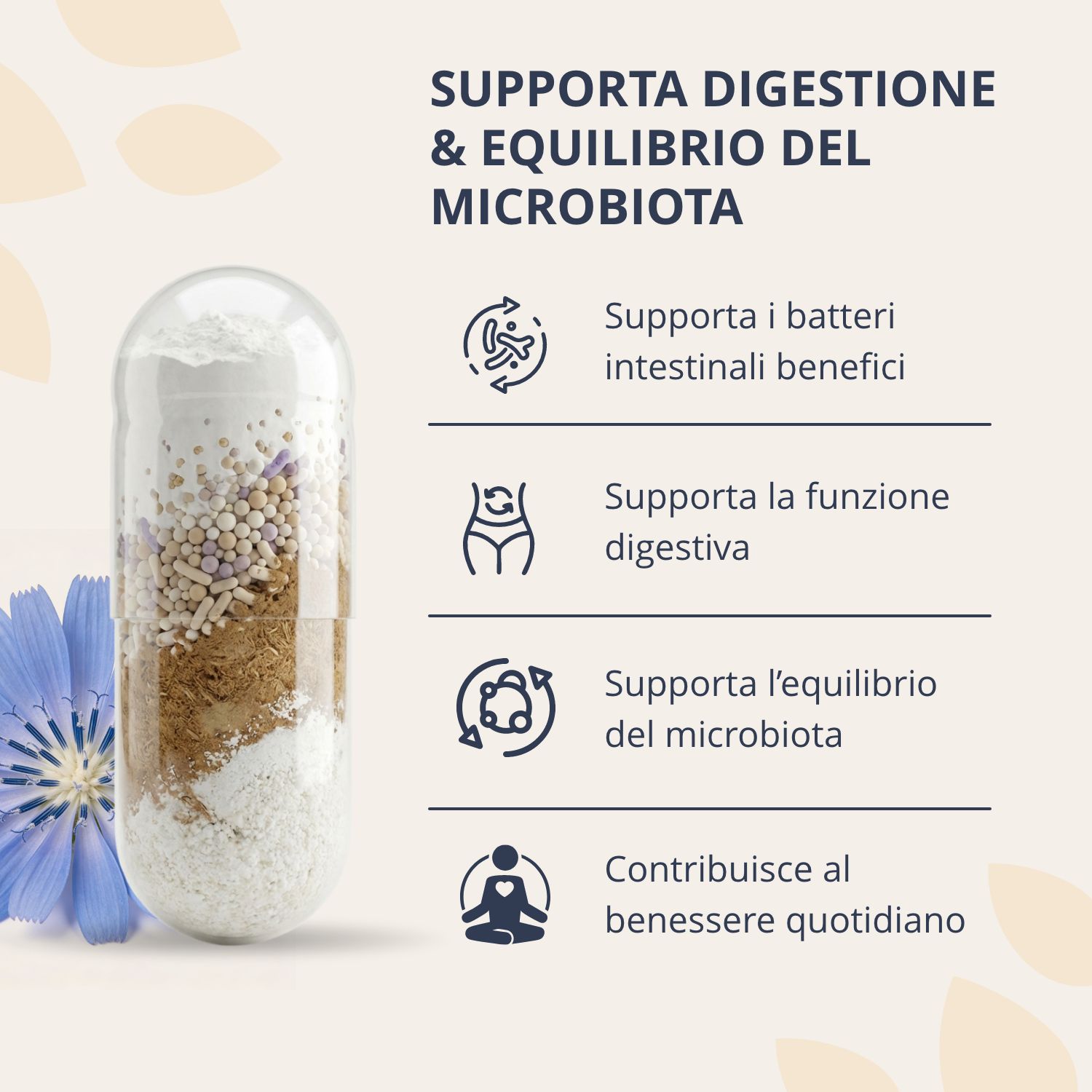 Capsula ingrandita di Golden Tree Complete Biotics mostra il contenuto: probiotici, prebiotici, inulina. Supporta digestione e microbiota.