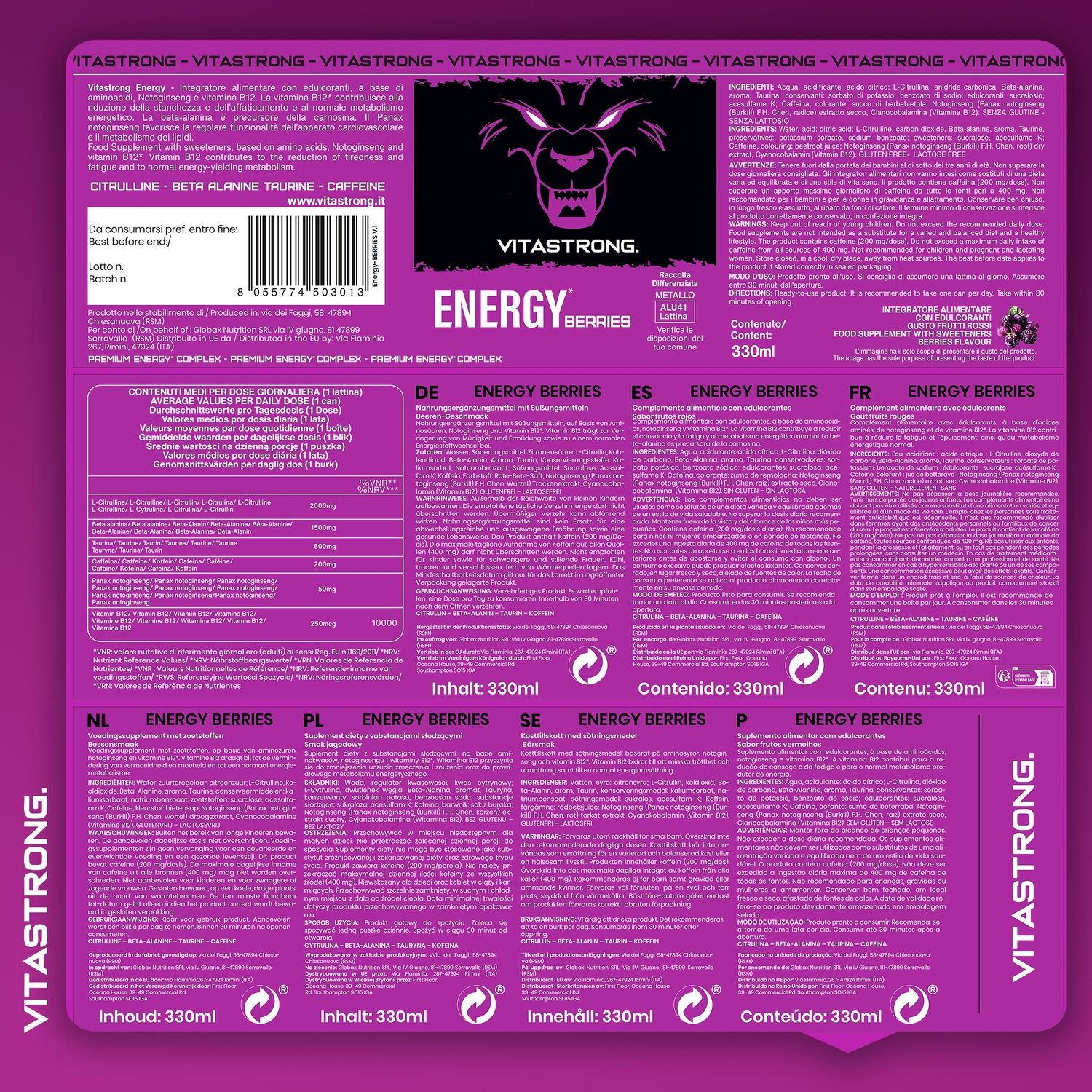 Retro della confezione Vitastrong Energy Berries. Ingredienti, informazioni nutrizionali, testo multilingue.