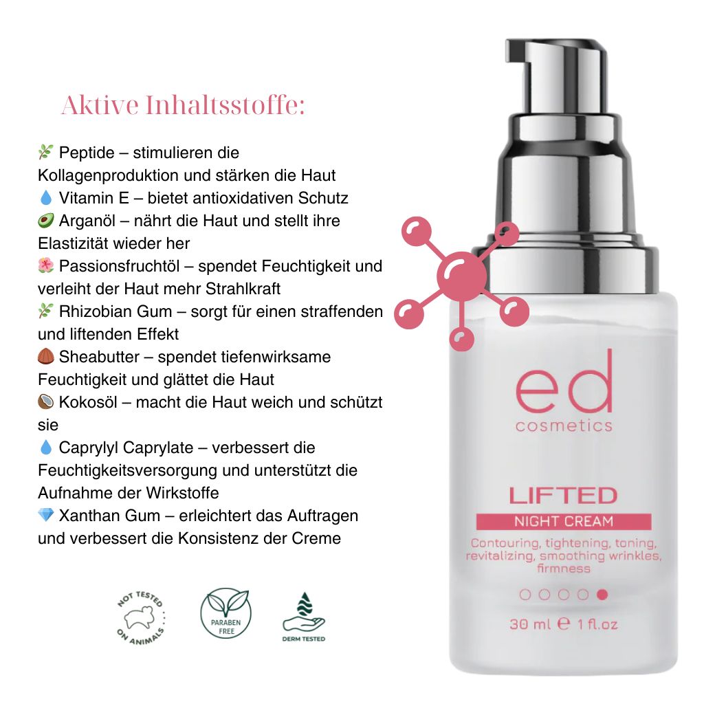 Flacone di crema con erogatore argentato. Testo: ed cosmetics, LIFTED NIGHT CREAM. Ingredienti elencati. Loghi: vegano, cruelty-free, dermatologicamente testato.