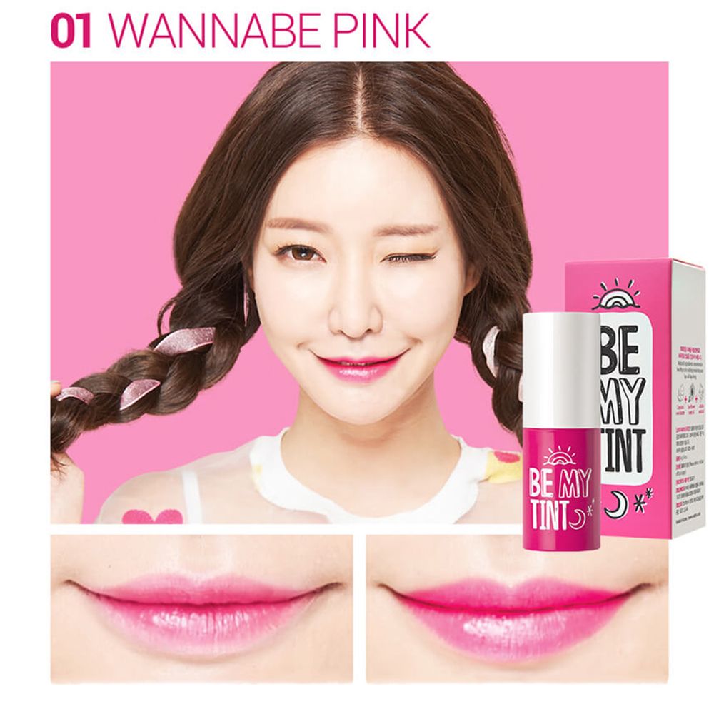 Donna con labbra rosa. Confezione del prodotto con 'BE MY TINT' e '01 Wannabe Pink'.