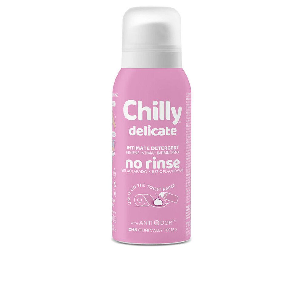 Flacone rosa con tappo bianco. Scritta: Chilly delicate, detergente intimo, senza risciacquo. Anti-odore.