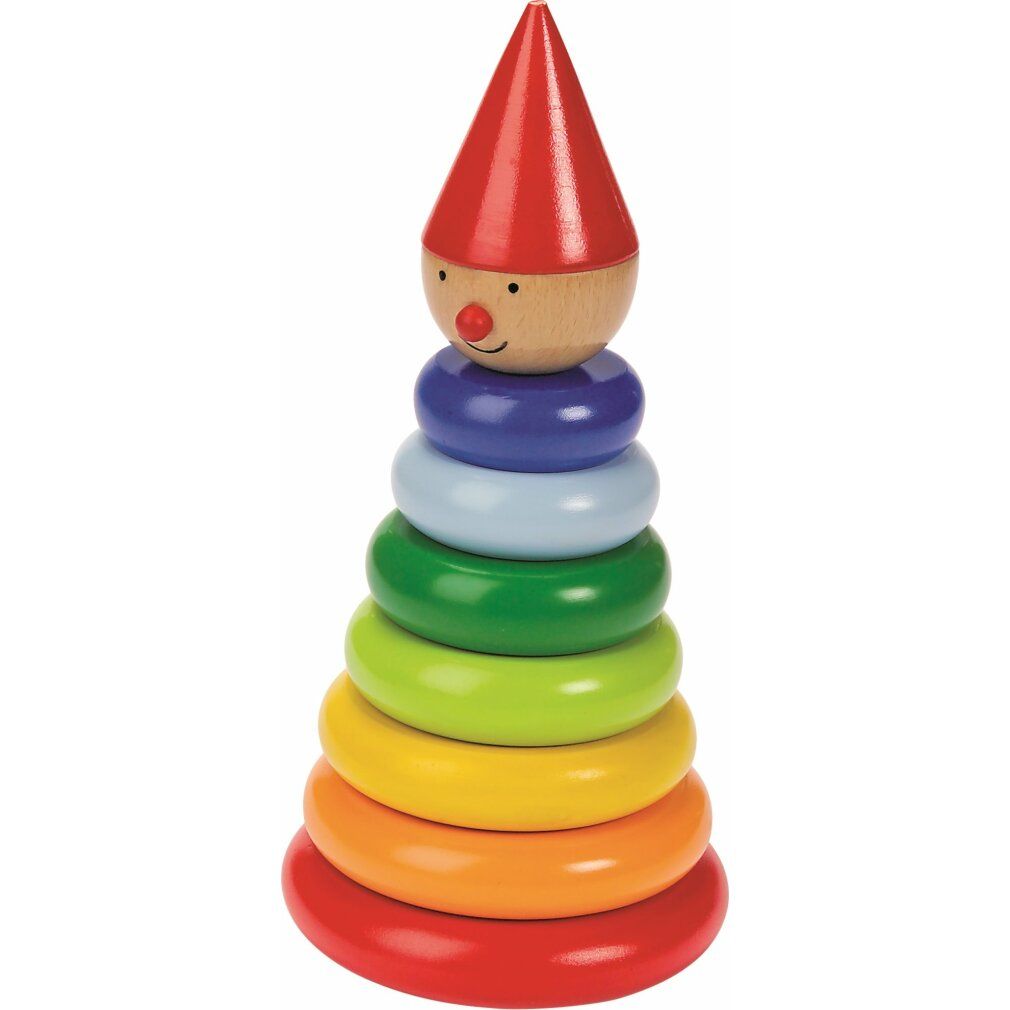 Torre di anelli in legno con testa di gnomo. Composta da anelli colorati e una testa di gnomo con cappello rosso. Sfondo bianco.