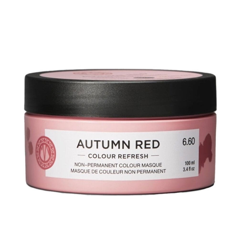 Barattolo rosa con coperchio nero. Scritta "AUTUMN RED COLOUR REFRESH". 6.60 e 100ml. Colore non permanente. Pronto e facile da usare.