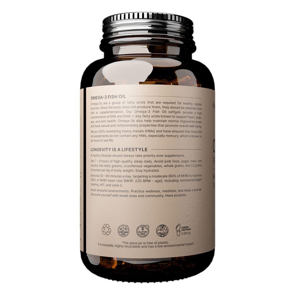 Flacone in vetro marrone con capsule di olio di pesce Omega-3. Etichetta con informazioni sul prodotto e sigilli.