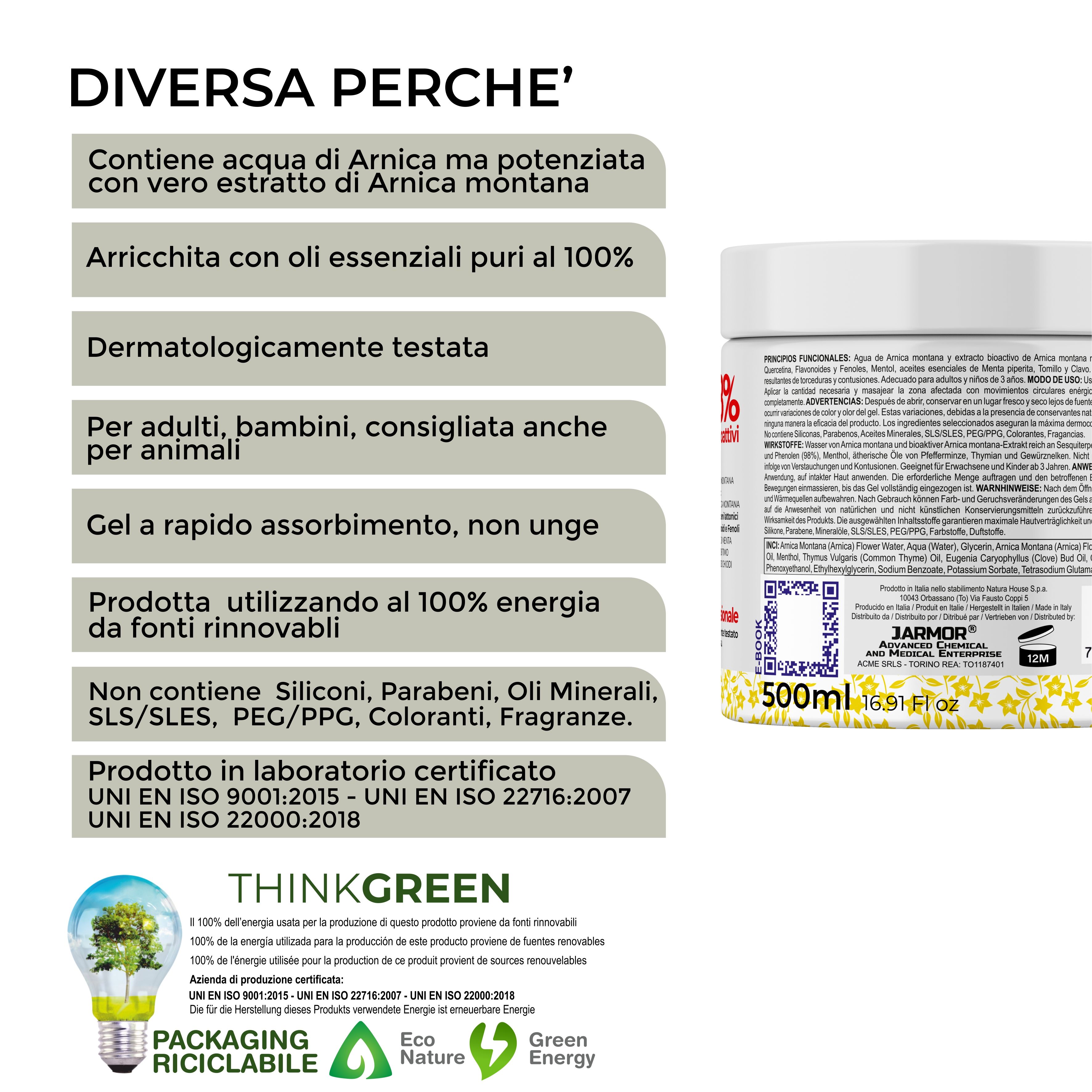 Vaso bianco con etichetta gialla. Testo: Contiene acqua di arnica, arricchito con oli essenziali. Dermatologicamente testato. 500ml.