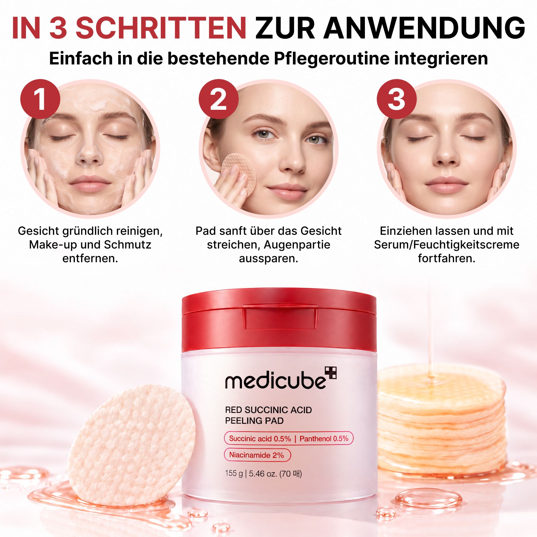 Medicube BHA, AHA Dischetti detergenti per il viso con acido succinico, niacinamide e pantenolo