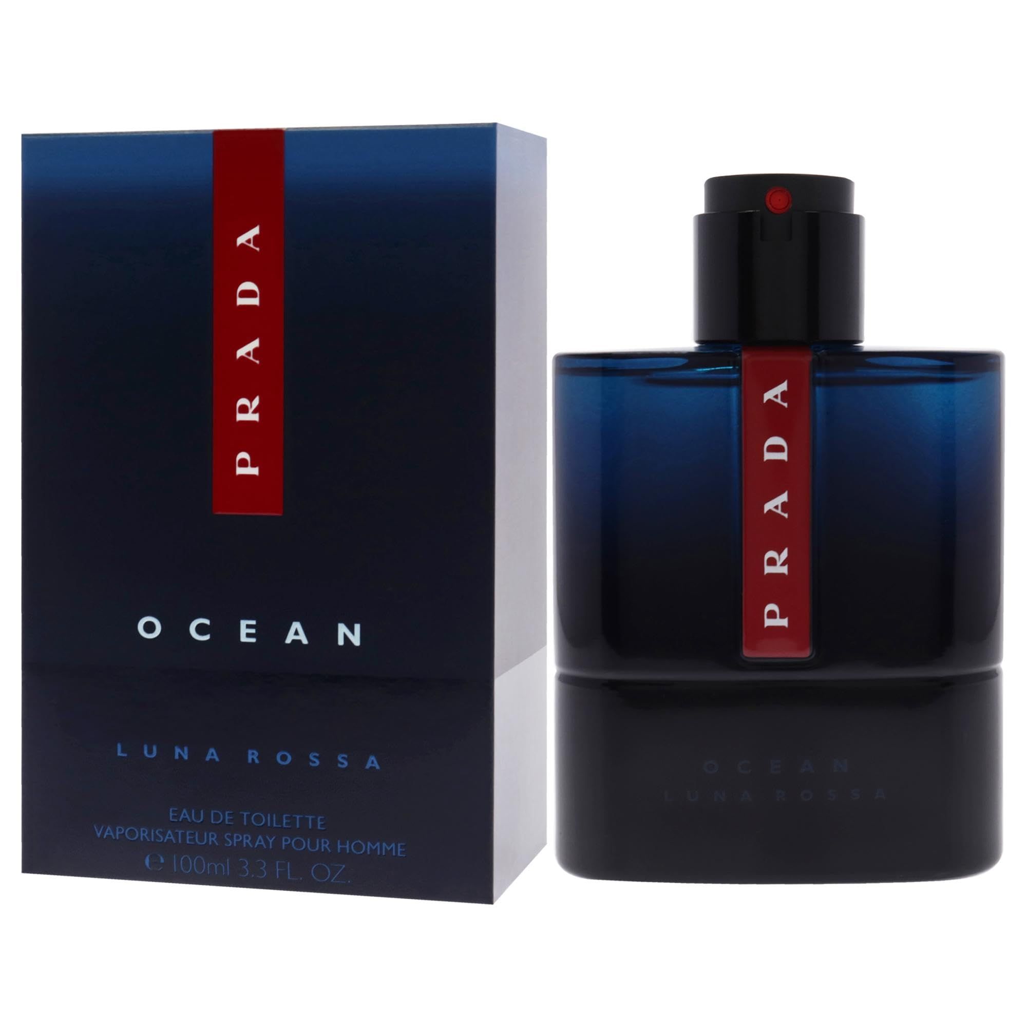Flacone blu scuro con striscia rossa e logo Prada. Tappo nero. Scatola con logo Prada e nome del prodotto.