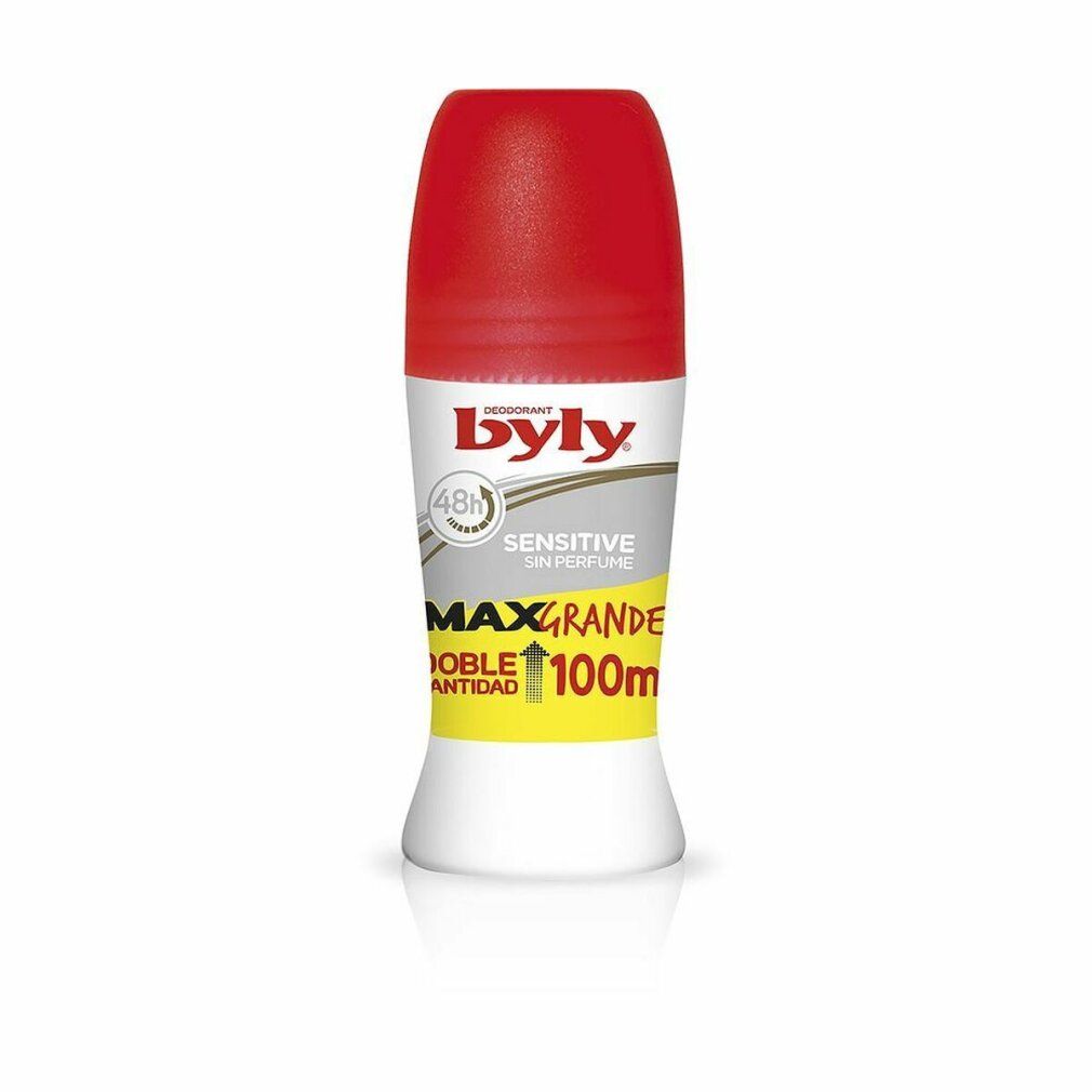 Deodorante roll-on bianco e rosso. Scritte: Byly, Sensitive, 48h, senza profumo, Max Grande, 100m.