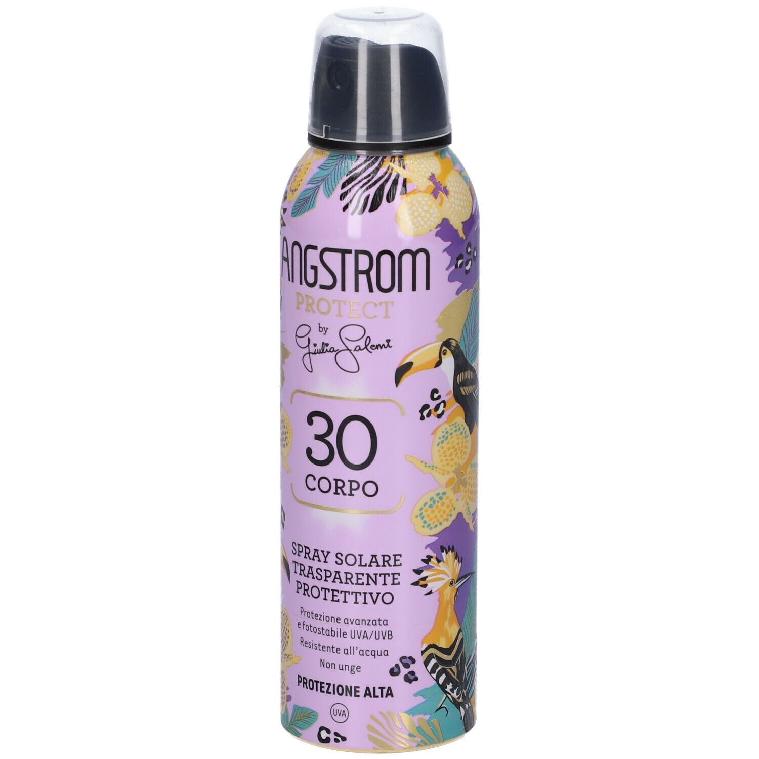 Spray Angstrom Protect, flacone lilla con illustrazioni di uccelli. Testo: 30 Corpo, Spray Solare Trasparente Protettivo. SPF30.