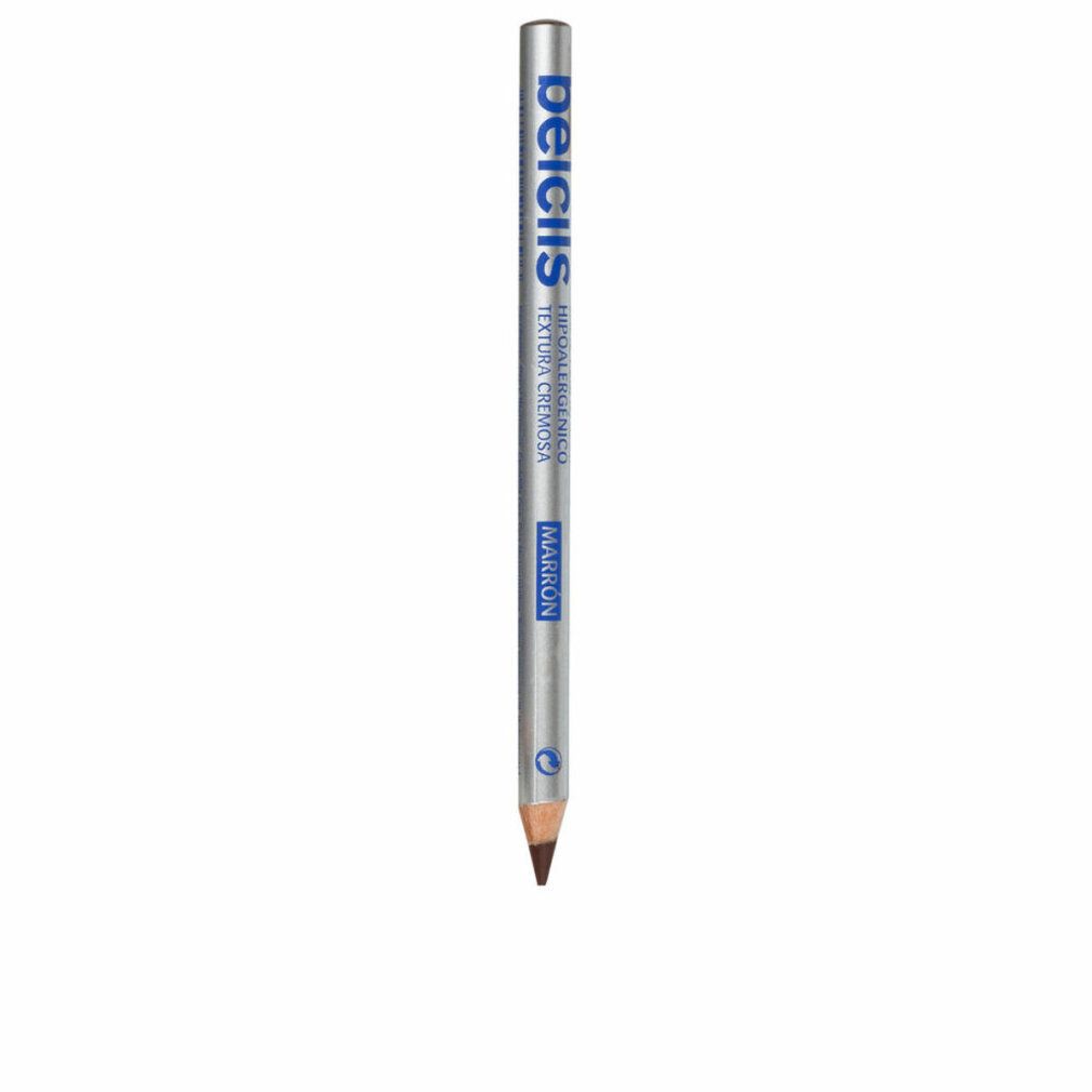 Cinque matite per occhi Belcils di diversi colori. Matite argentate con testo blu. Punte rivolte verso il basso.