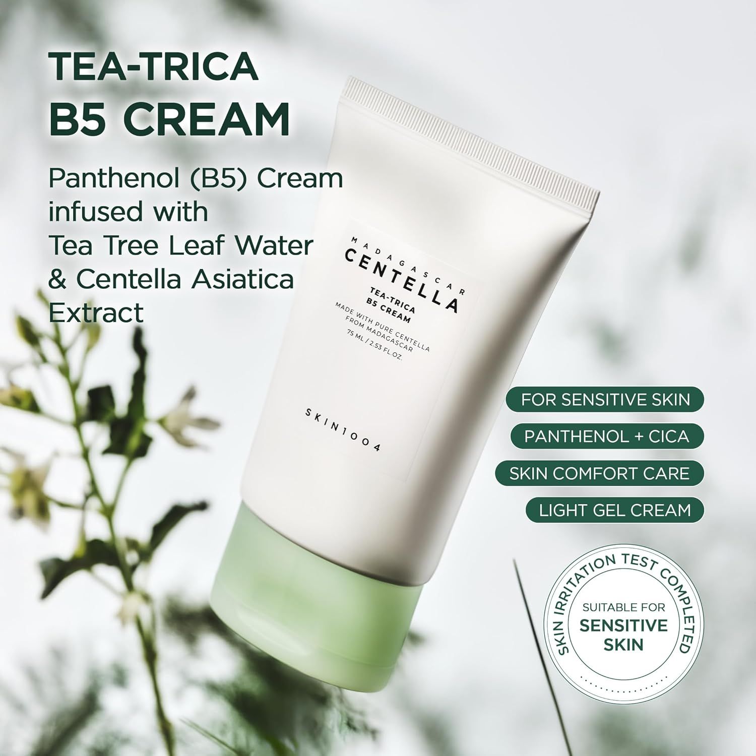 Tubo di crema con tappo verde. Testo: Tea-Trica B5 Cream, SKIN1004. Per pelli sensibili. Testato.