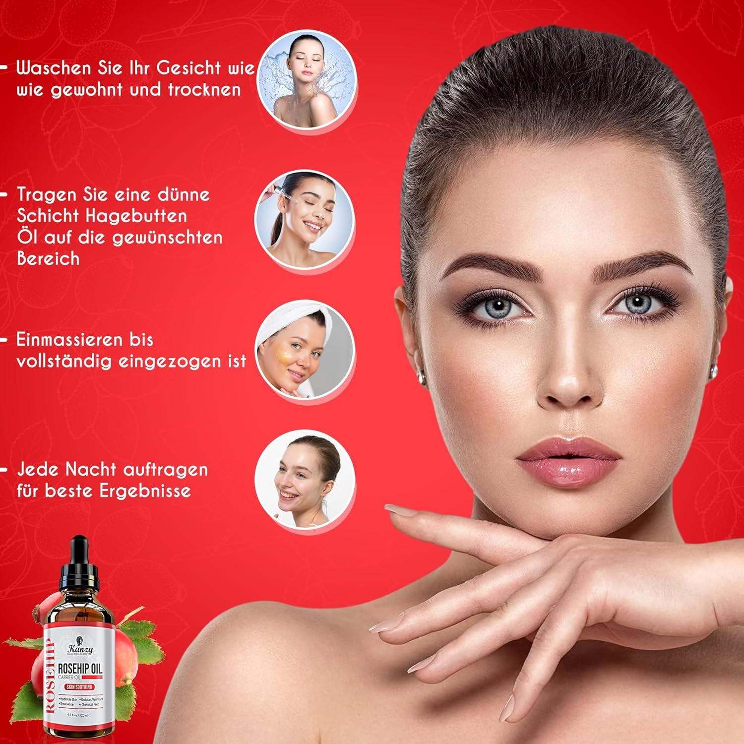 Donna con pelle. Istruzioni: lavare il viso, applicare l'olio, massaggiare, applicare la sera. Flacone Rosehip Oil.