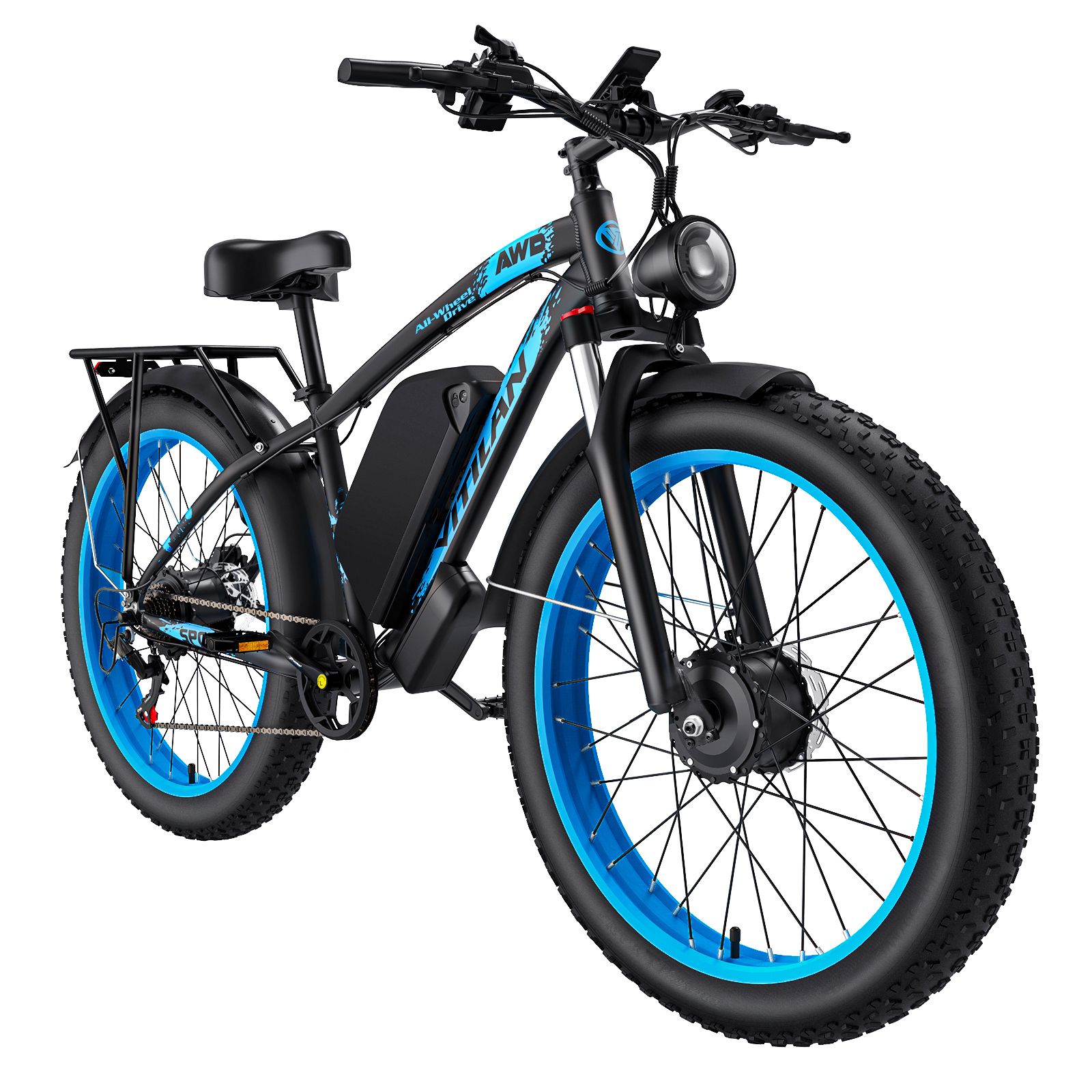 E-bike nera con cerchi blu. Marchio Vitilan. Portapacchi e faro visibili.