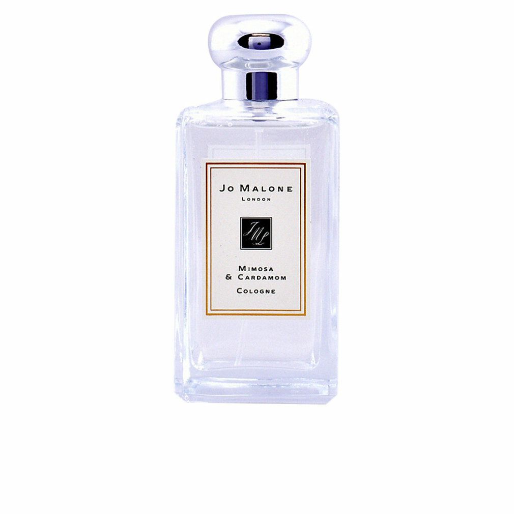 Flacone rettangolare in vetro con tappo argentato. Scritta: Jo Malone London, Mimosa & Cardamom Cologne.