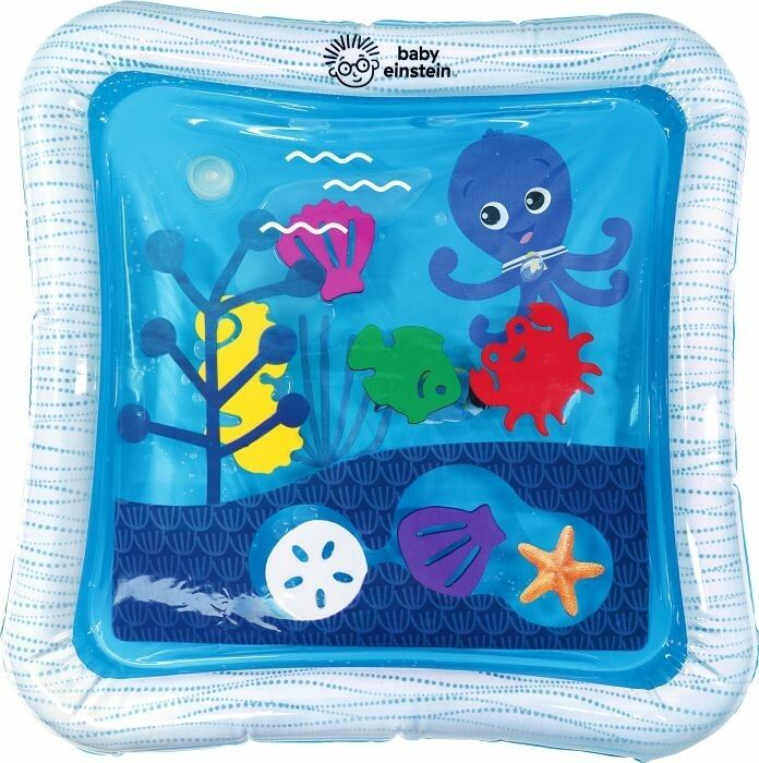Tappetino Baby Einstein. Rettangolare, blu, con animali e piante marine. Bordo gonfiabile. Logo Baby Einstein.