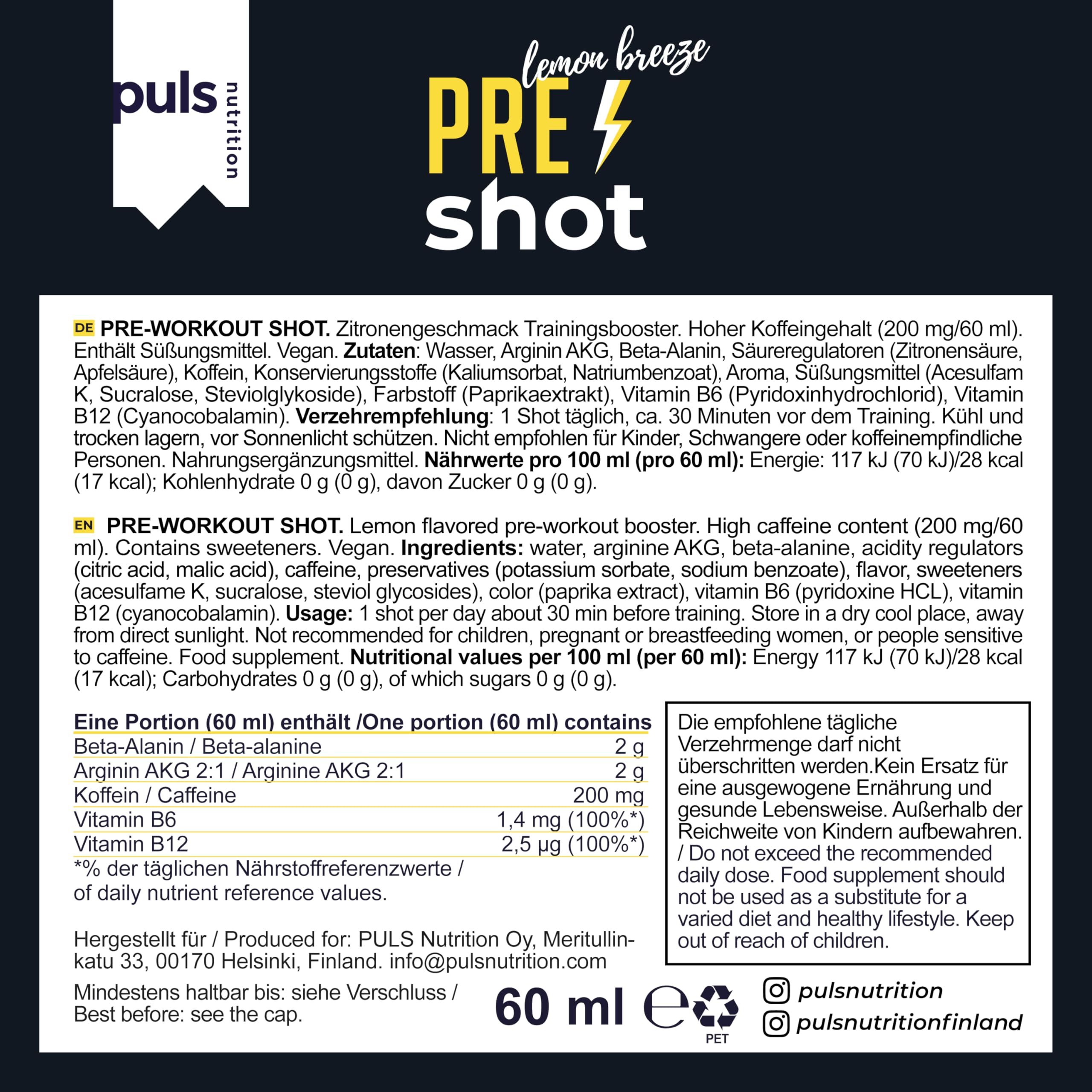 Retro di un flaconcino Pre-Workout Shot con informazioni nutrizionali ed elenco ingredienti.
