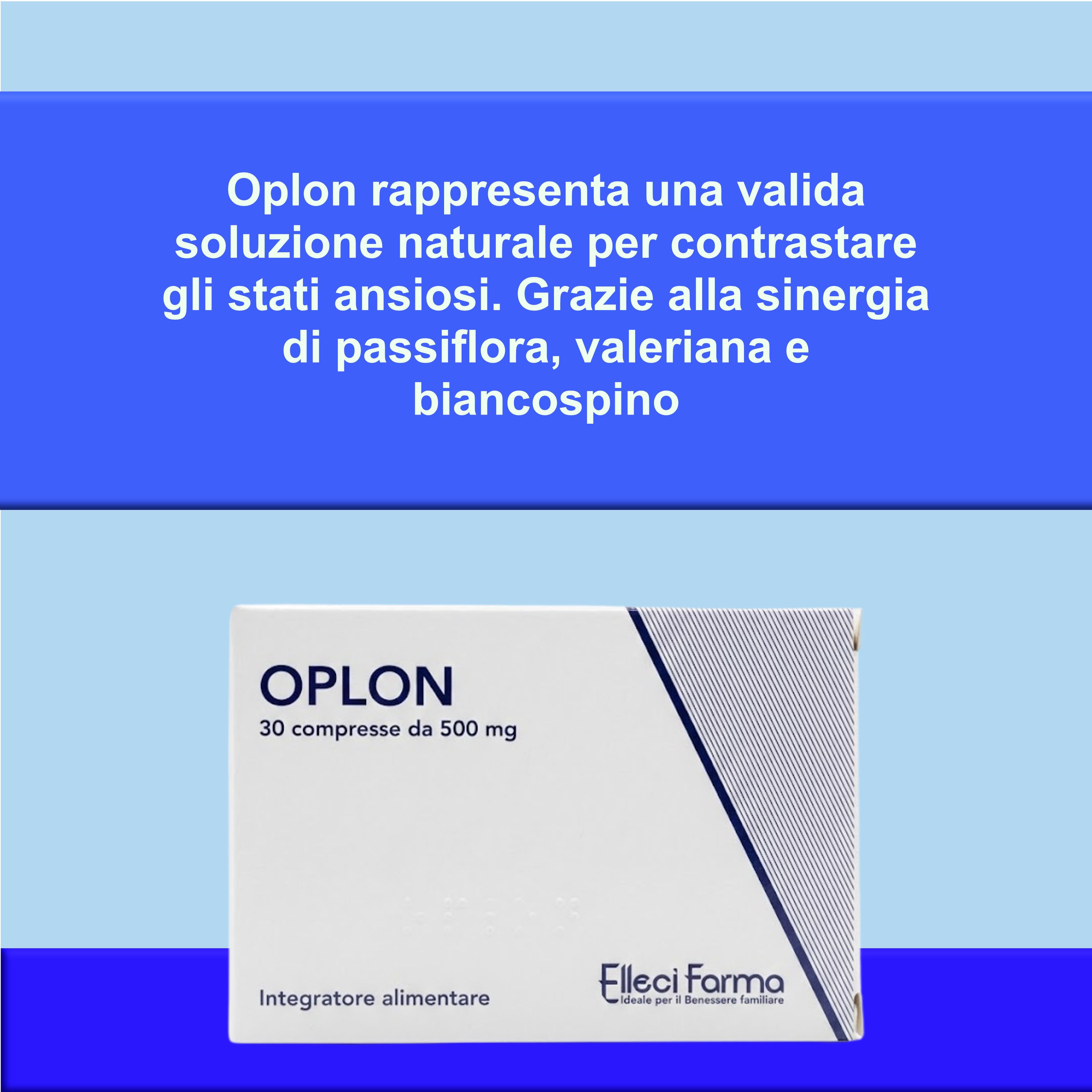 Scatola OPLON. Infobox blu con testo. Logo Elleci Farma. 30 compresse, 500 mg.
