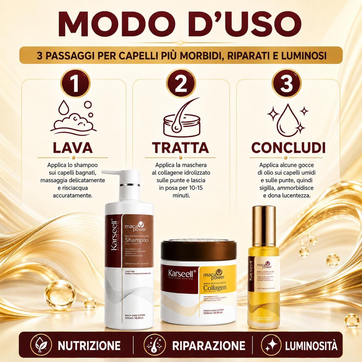 Tre prodotti per capelli Karseell: shampoo, maschera al collagene e olio per capelli.