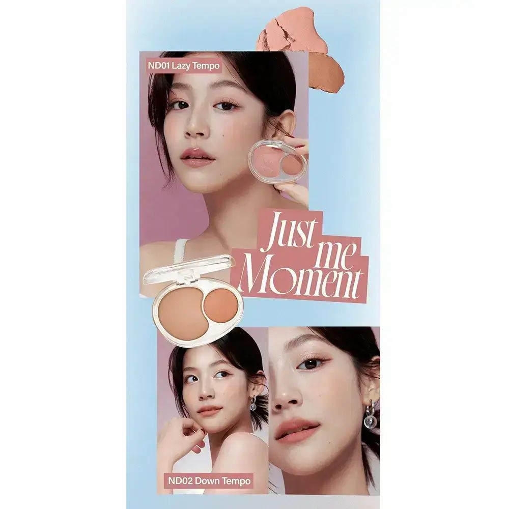 Fard in polvere bicolore, confezione trasparente, due tonalità. Modella con fard applicato. Scritta: ND02 Down Tempo.