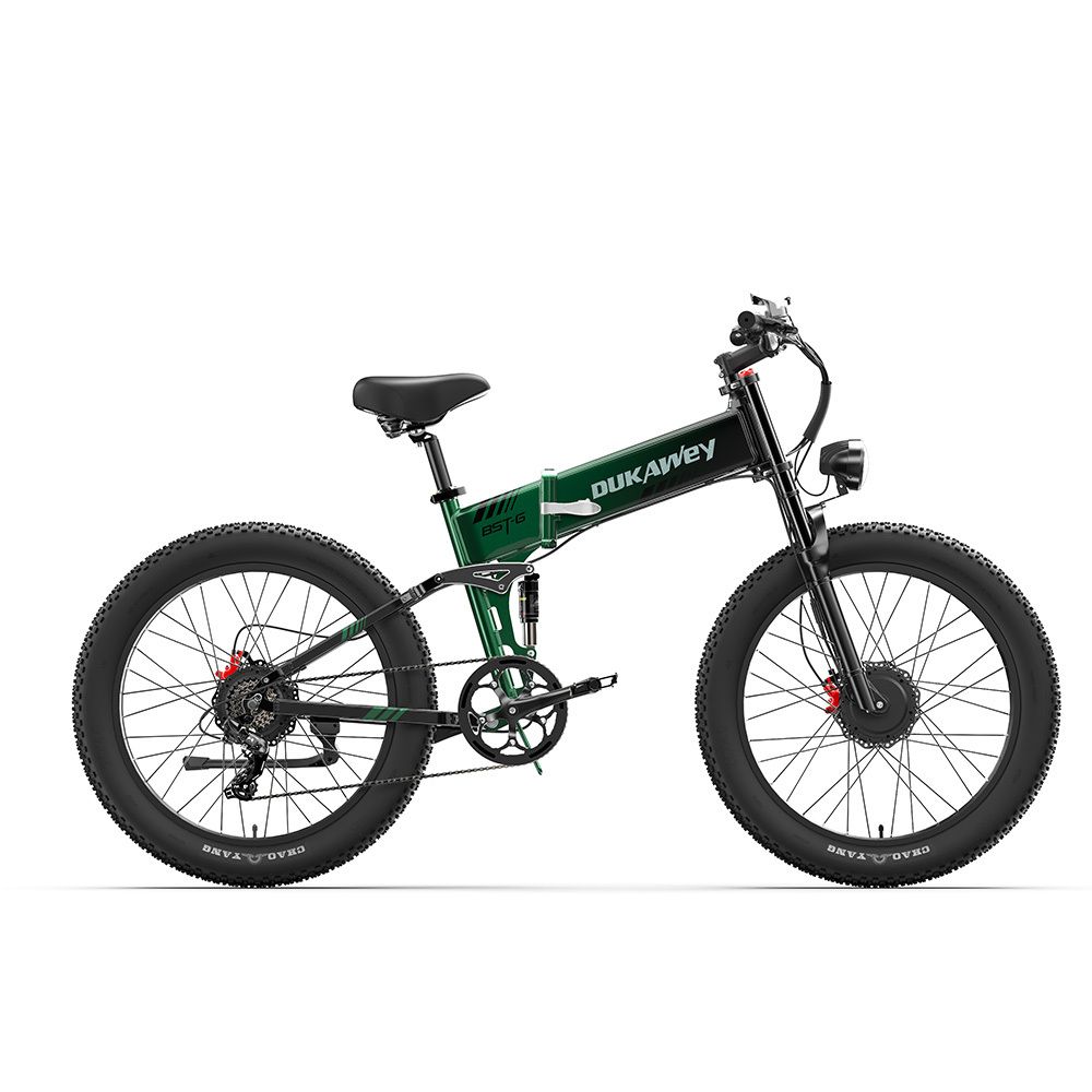 E-MTB verde DUKAWEY BTS-6. Pneumatici, sella e manubrio neri. Marchio e modello visibili.