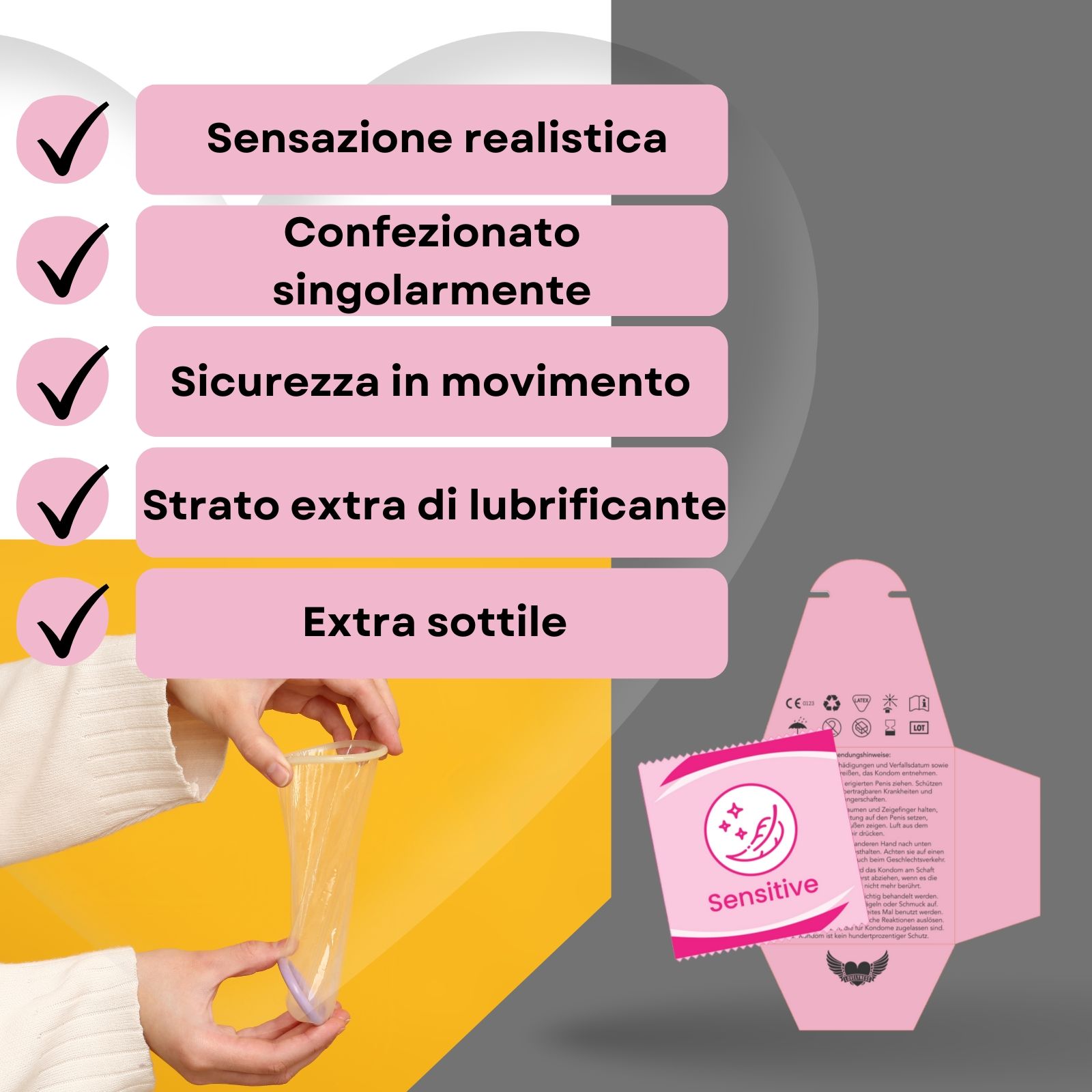 Confezione rosa con caratteristiche del prodotto. Confezionato singolarmente, sicuro in viaggio, extra sottile.