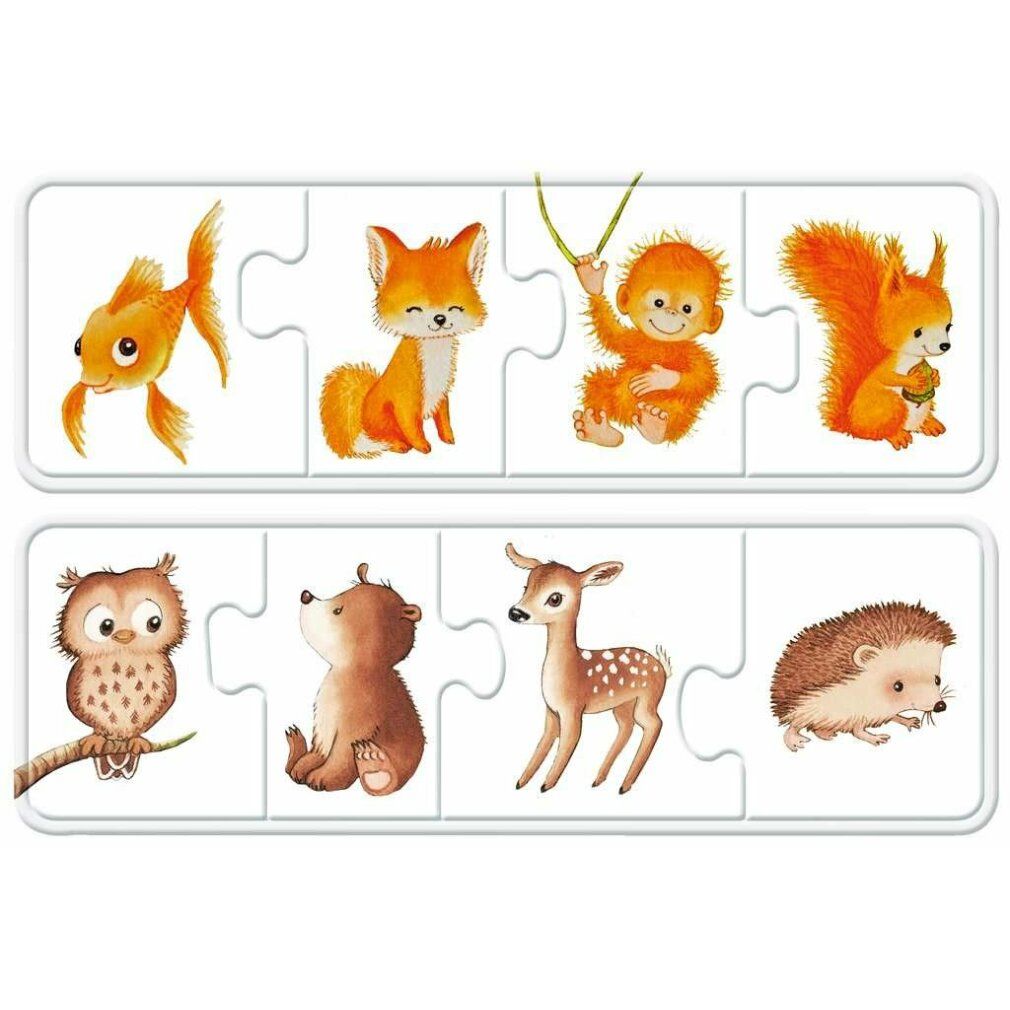 Puzzle Ravensburger, animali colorati 6x4 pezzi. Pezzi di puzzle con animali: pulcino, giraffa, leone, ape, tartaruga, rana, coccodrillo e bruco.