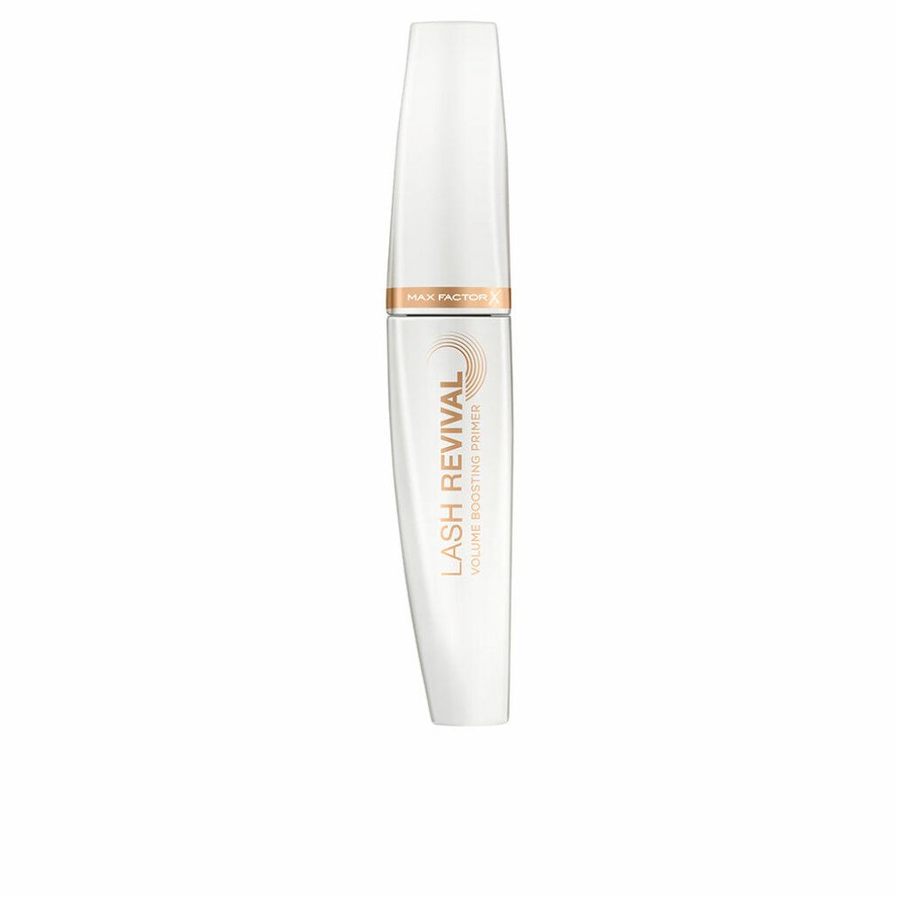 Contenitore di mascara bianco con dettagli dorati. Scritta: LASH REVIVAL VOLUME BOOSTING PRIMER. Marchio: Max Factor.