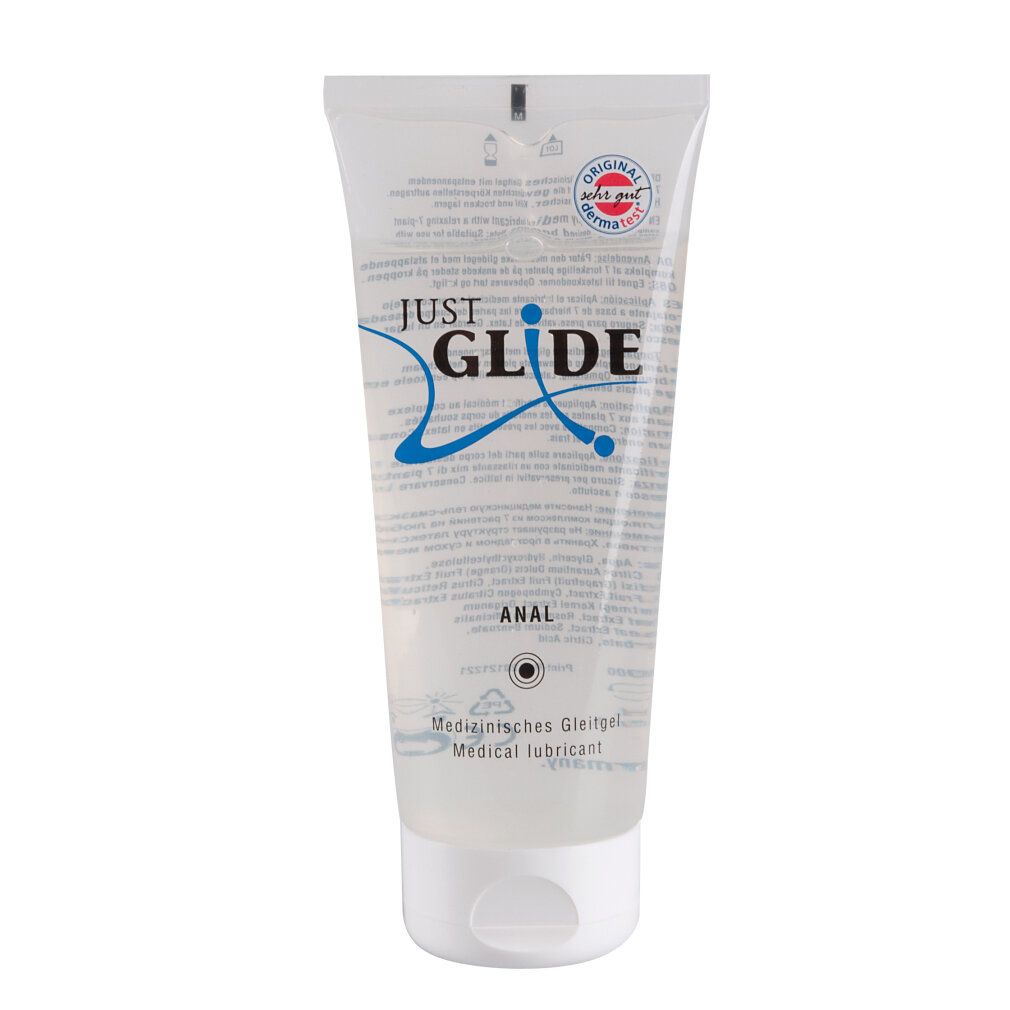 Tubo di gel lubrificante. Scritta: JUST GLIDE ANAL. Testi aggiuntivi: Medizinische Gleitgel, Medical lubricant.