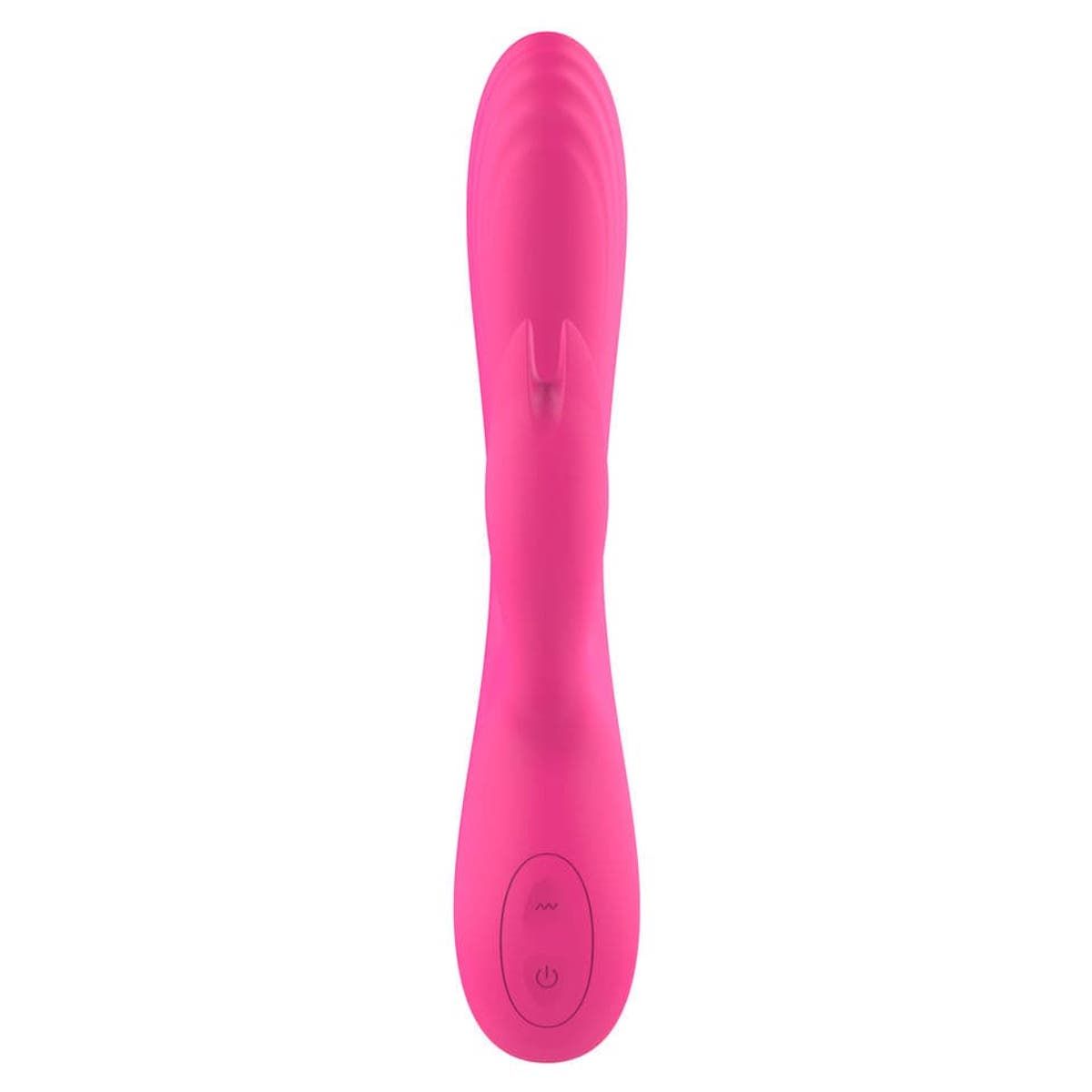 Vibratore rosa con design a orecchie di coniglio. Pulsanti di controllo e superficie scanalata.