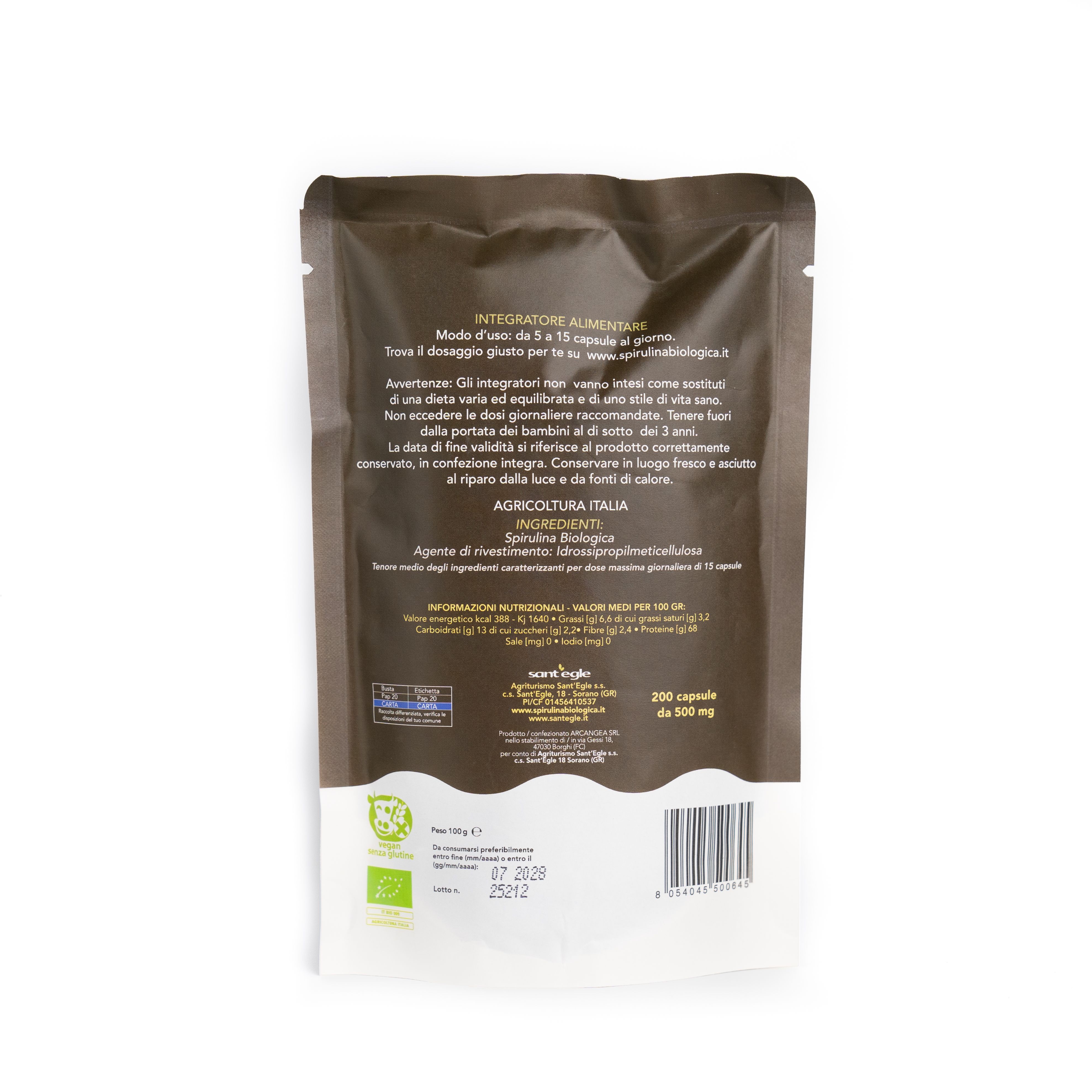 Sant'Egle Spirulina biologica, 200 capsule da 500 mg