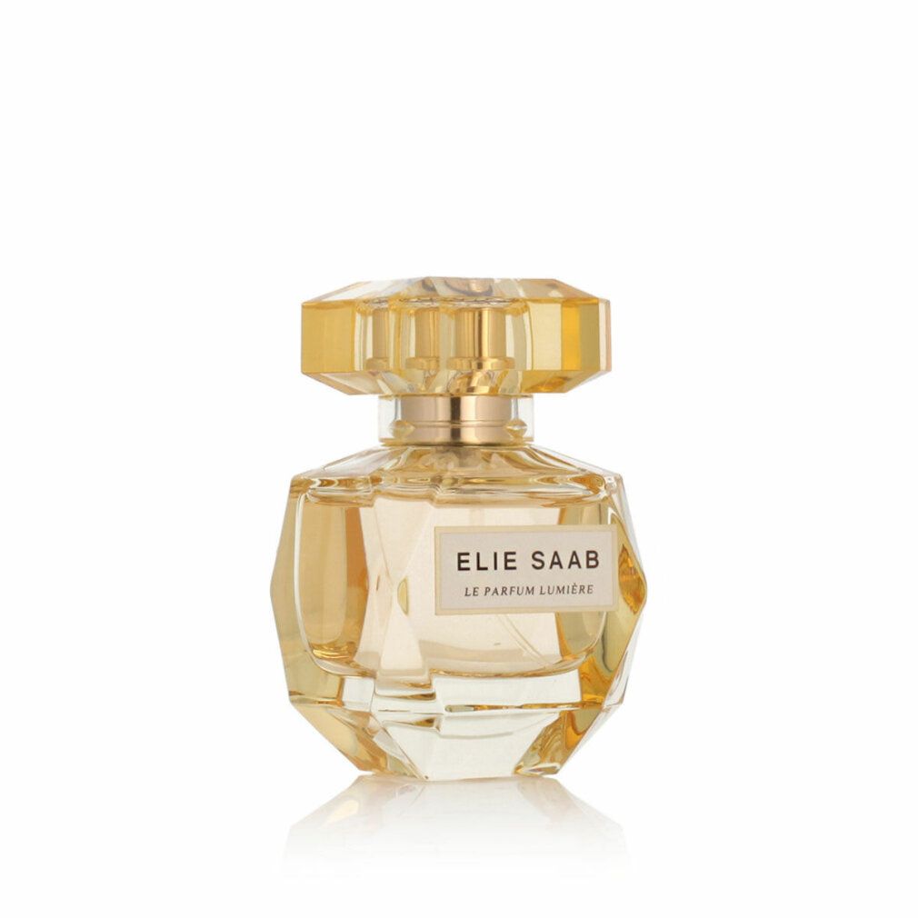 Spray Eau de Parfum Elie Saab Le Parfum Lumière in una bottiglia di vetro sfaccettato con tappo dorato, vista frontale.