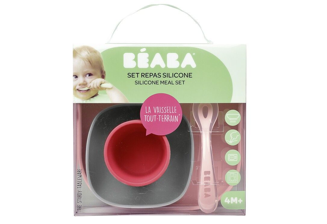Confezione con logo BEABA e nome del prodotto. Contiene piatto, ciotola, tazza e cucchiaio. Indicazione di età 4M+.
