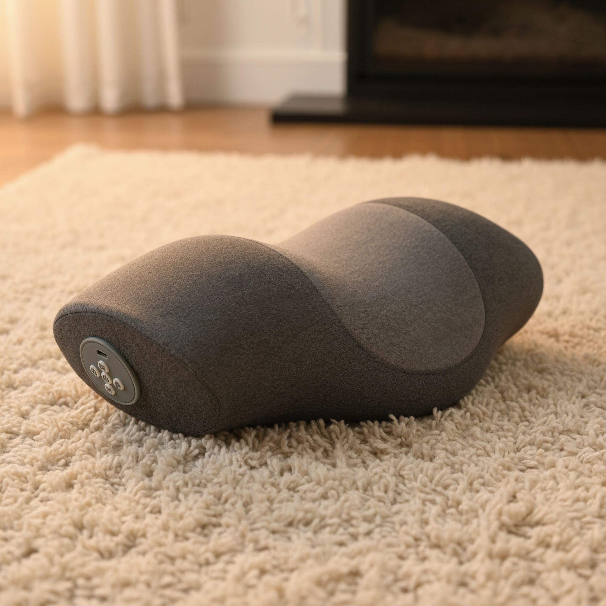 Cuscino cervicale grigio su un tappeto. Forma ergonomica con pannello di controllo.