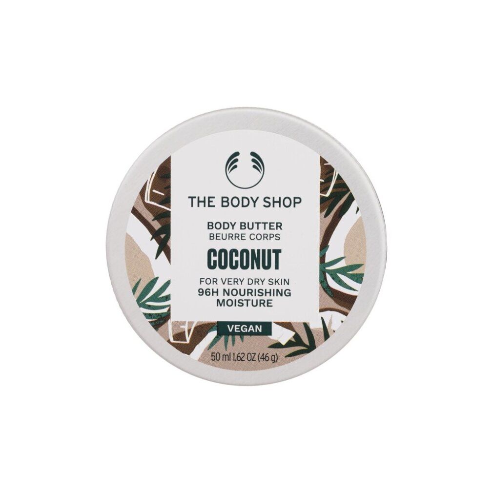Barattolo rotondo con coperchio. Scritta: THE BODY SHOP, Body Butter, Cocco, per pelli molto secche, 96H idratazione. Vegano. Decorazione cocco.