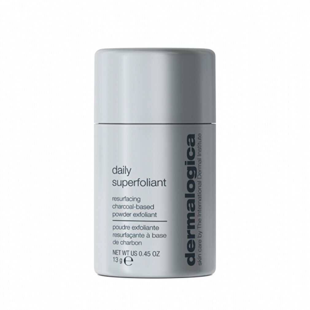 Flacone cilindrico con coperchio. Scritte: "daily superfoliant", "resurfacing charcoal-based powder exfoliant", e "Dermalogica".