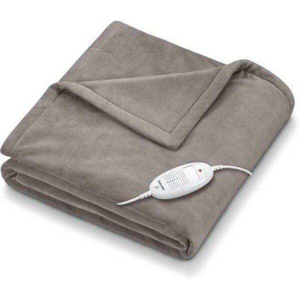 Coperta termica grigia piegata. Forma rettangolare. Cavo con comando. Logo Beurer.