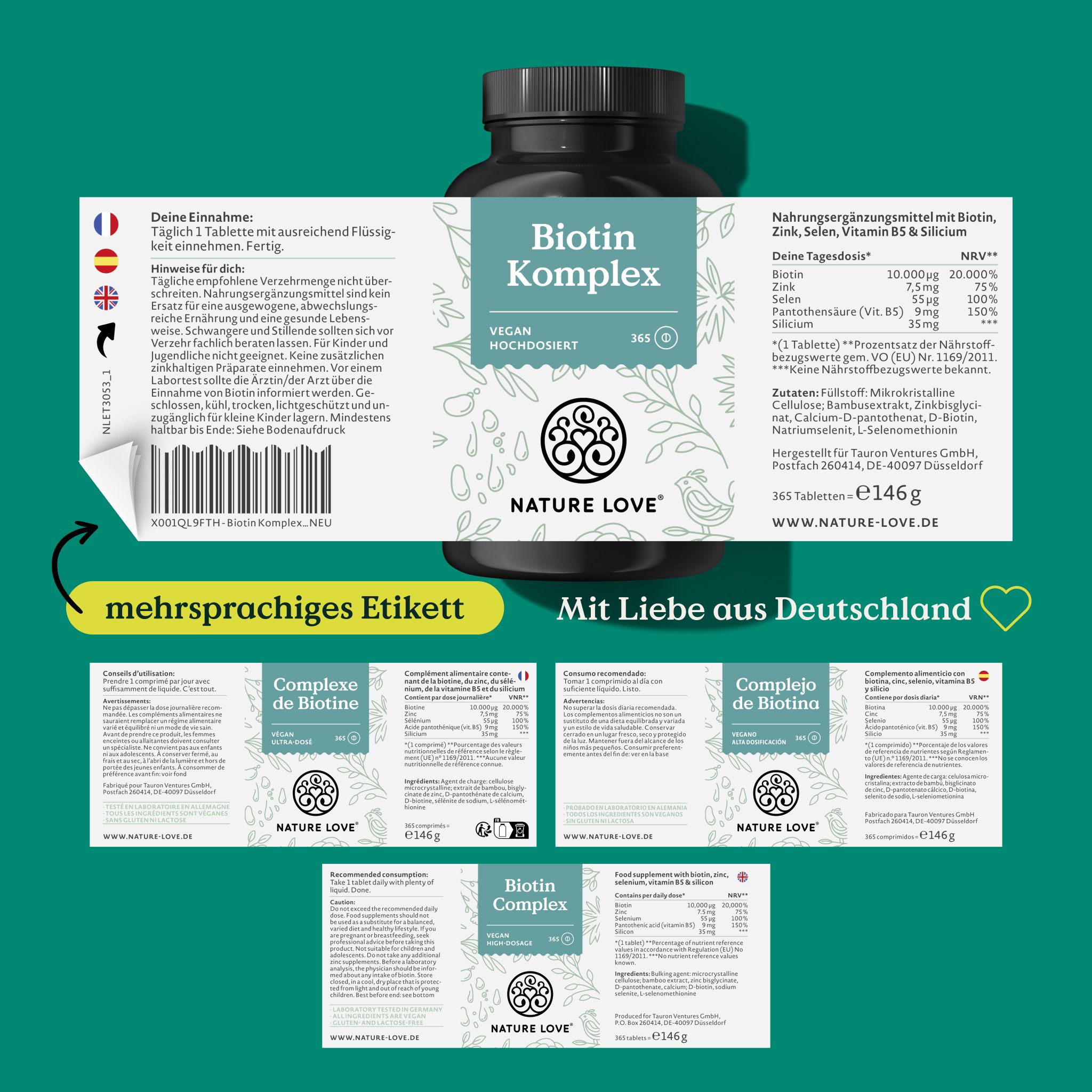Etichetta multilingue con informazioni nutrizionali. Contiene biotina, zinco, selenio, vitamina B12 e calcio. Prodotto in Germania.